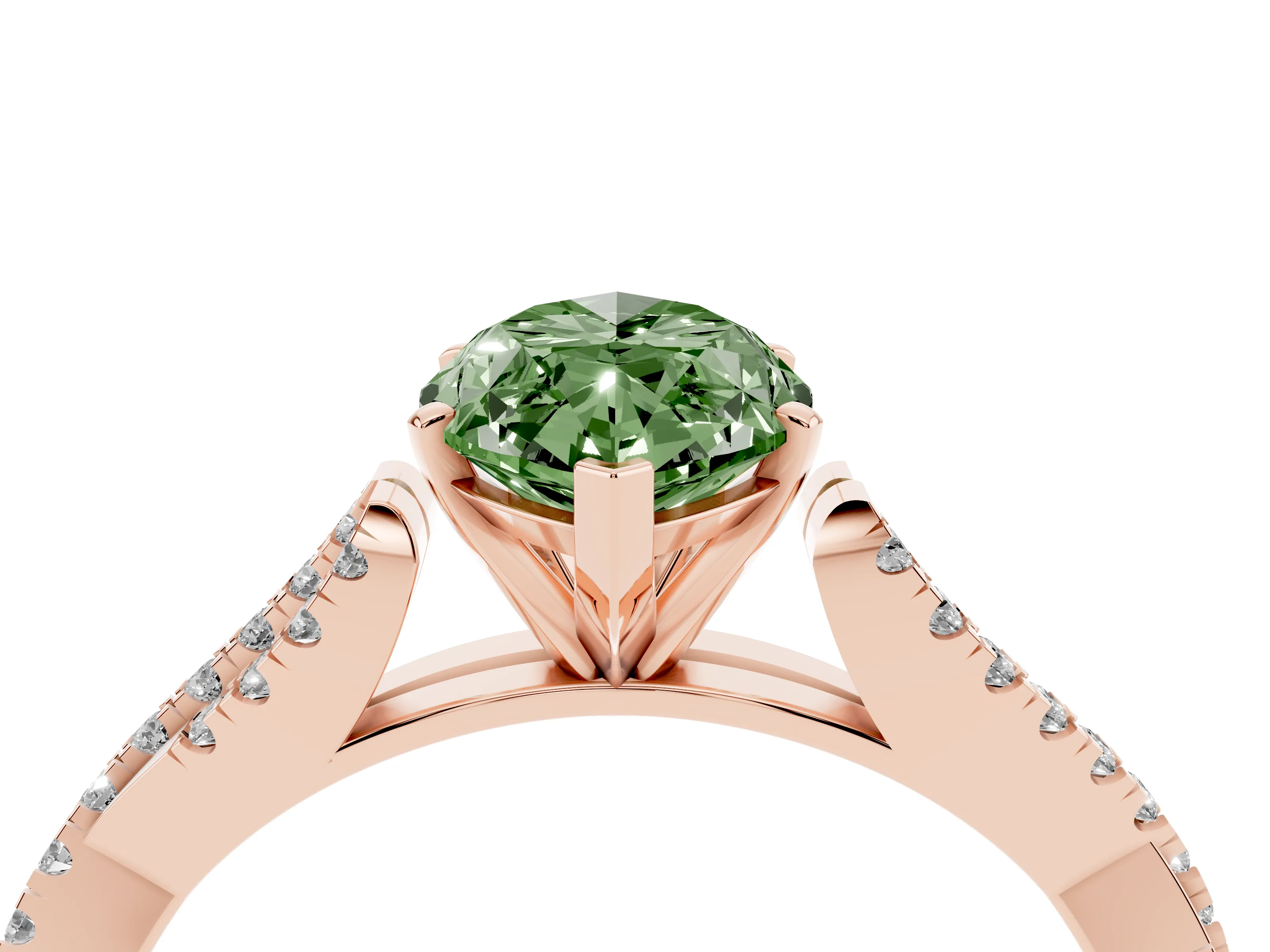Fancy Green Marquise Cut Diamond Solitaire Engagement Ring Set in Rose gold with Twisted Pavé Band and Prong Setting