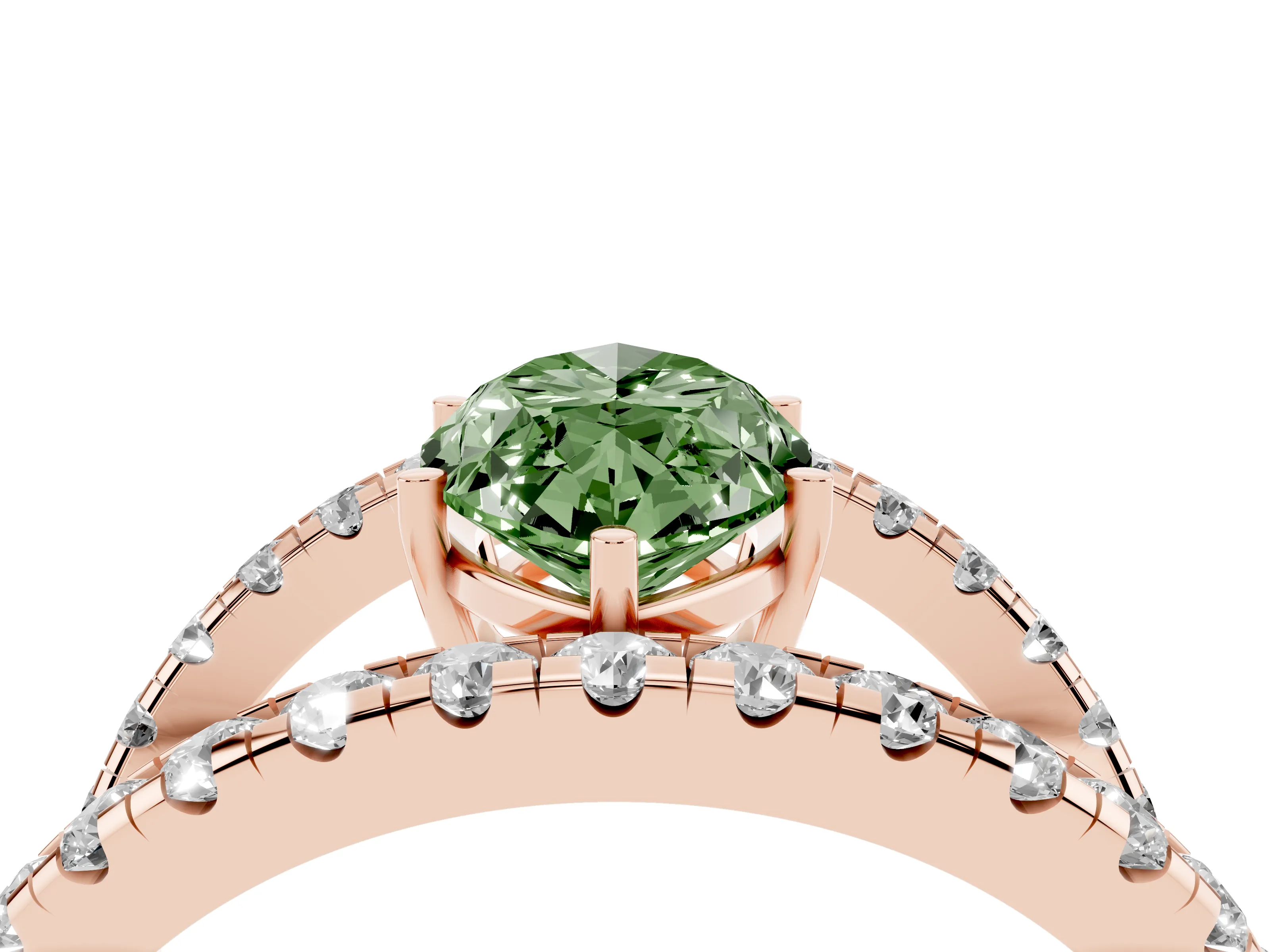 Fancy Green Marquise Cut Diamond Split Shank Pavé Solitaire Ring Set in Rose gold with Open Shank Design