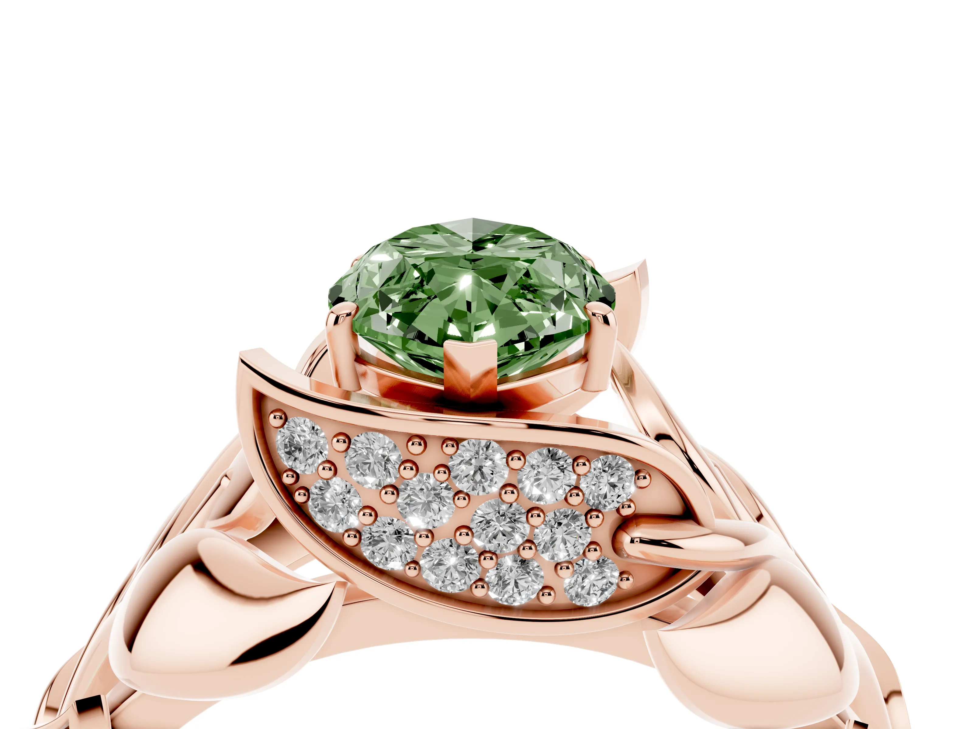 Fancy Green Marquise Cut Diamond Leaf-Inspired Engagement Ring Set in Rose gold with Round Accents