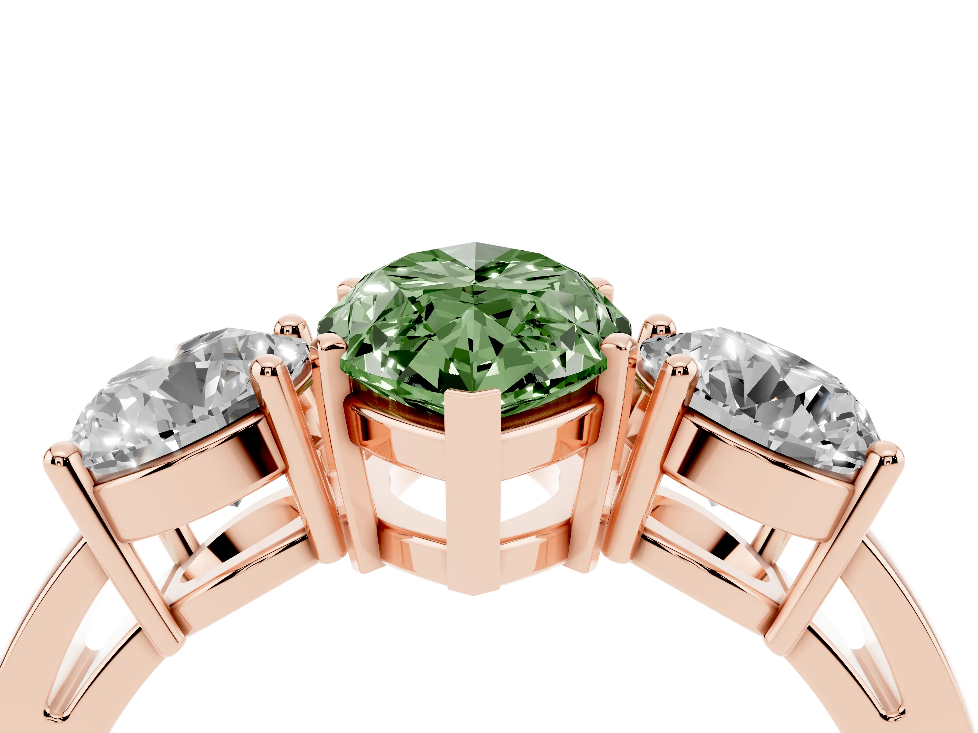 Fancy Green Marquise Cut Diamond Three-Stone Ring Set in Rose gold with Round Side Stones and Classic Band