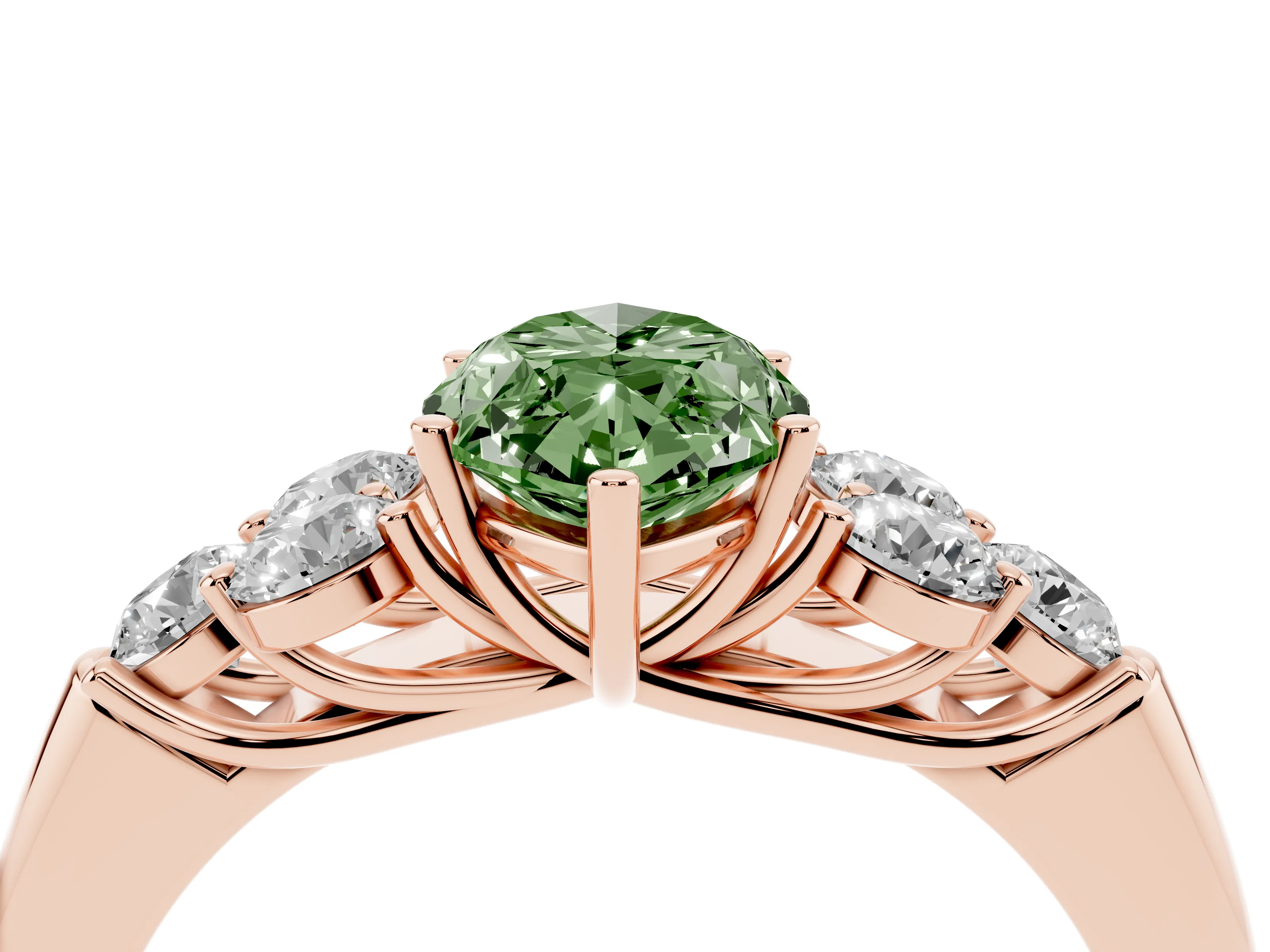 Fancy Green Marquise Cut Diamond Cluster Ring Set in Rose gold with Round Accent Stones and Prong Setting on a Plain Band