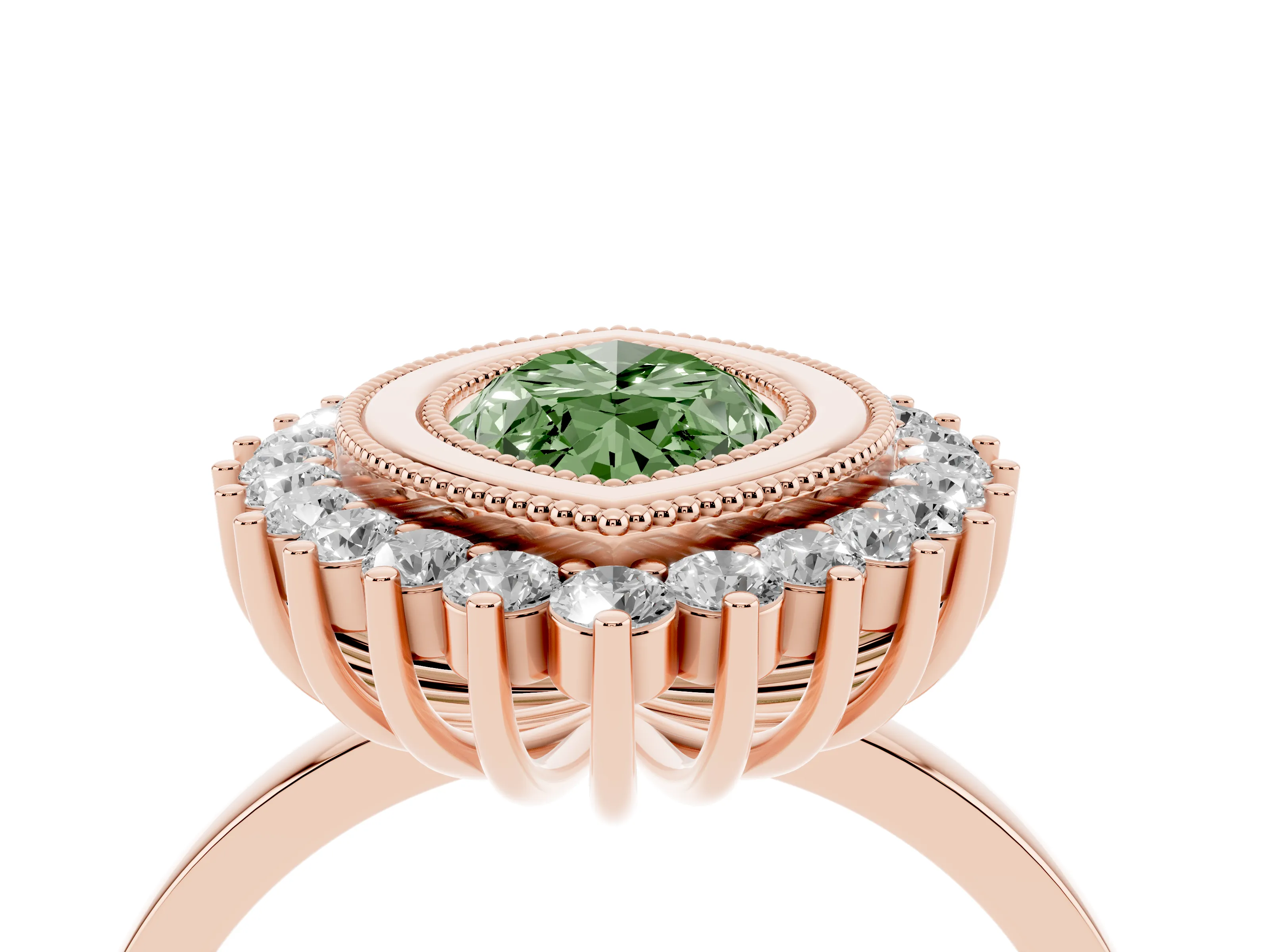 Fancy Green Marquise Cut Diamond Halo Ring Set in Rose gold with Milgrain Edge and Round Prong Setting