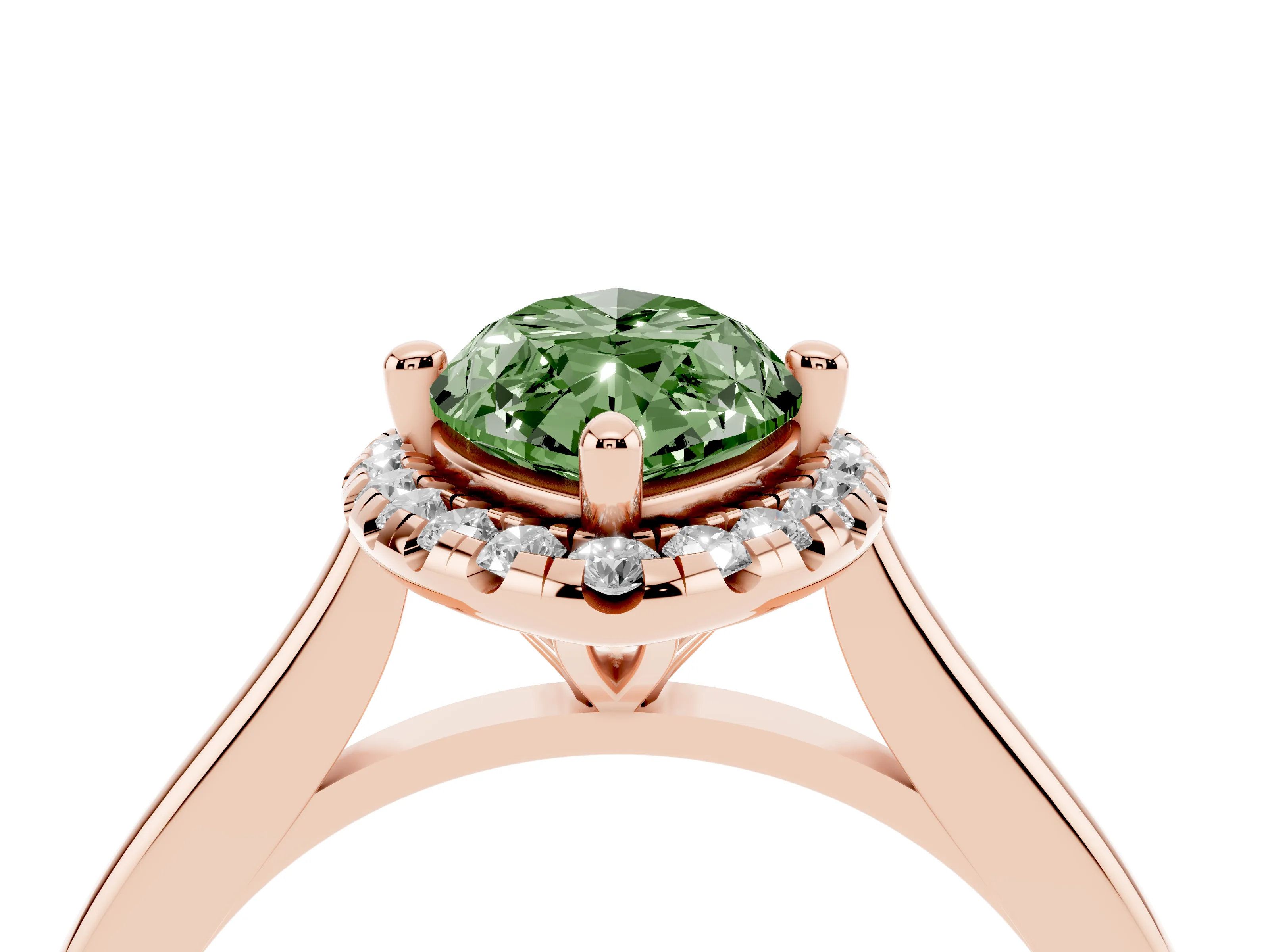 Fancy Green Marquise Cut Diamond Halo Engagement Ring Set in Rose gold with Pavé Band and Rising Shoulders
