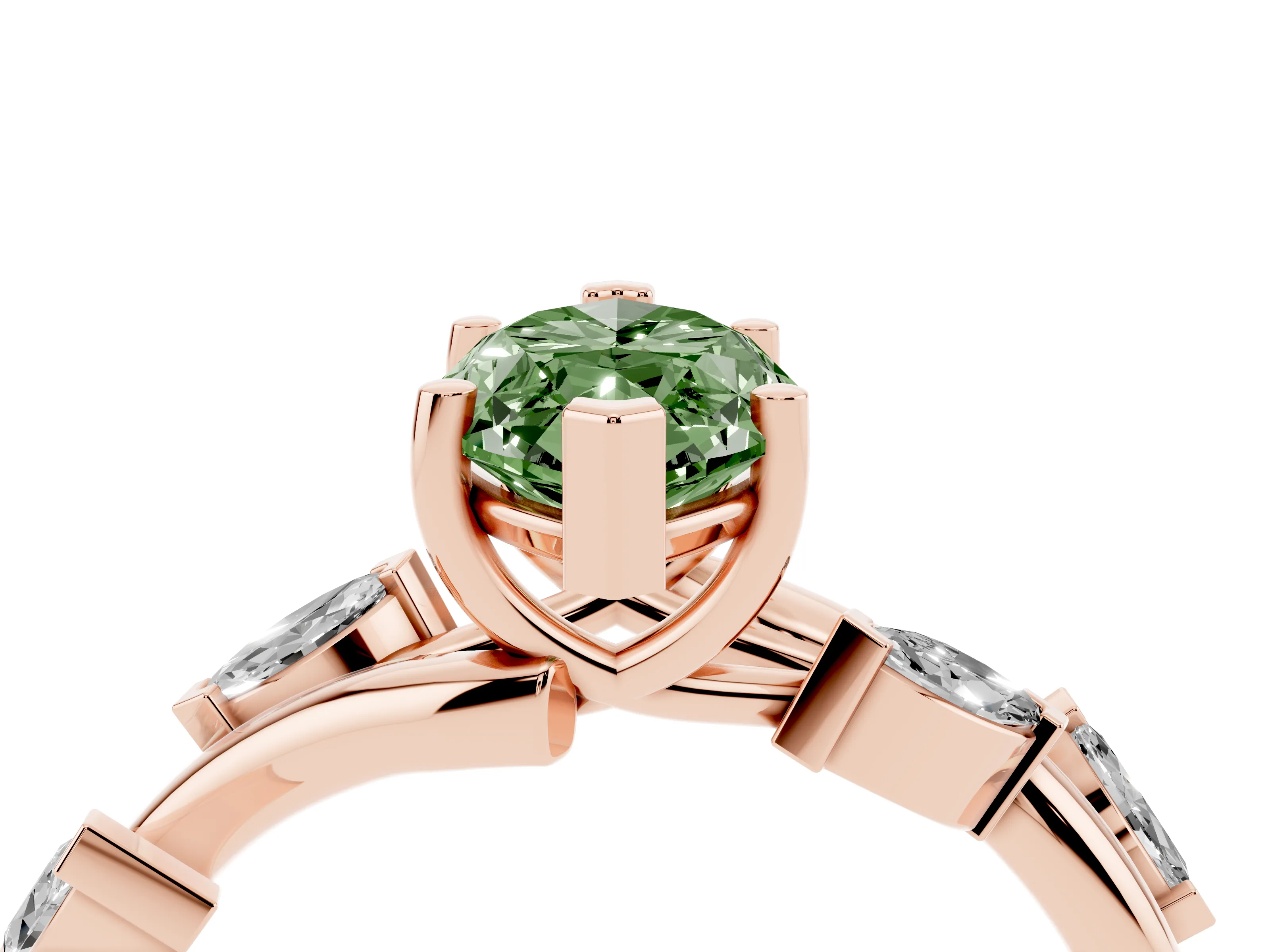 Fancy Green Marquise Cut Diamond Solitaire Ring Set in Rose gold with Twisted Marquise Accent Band