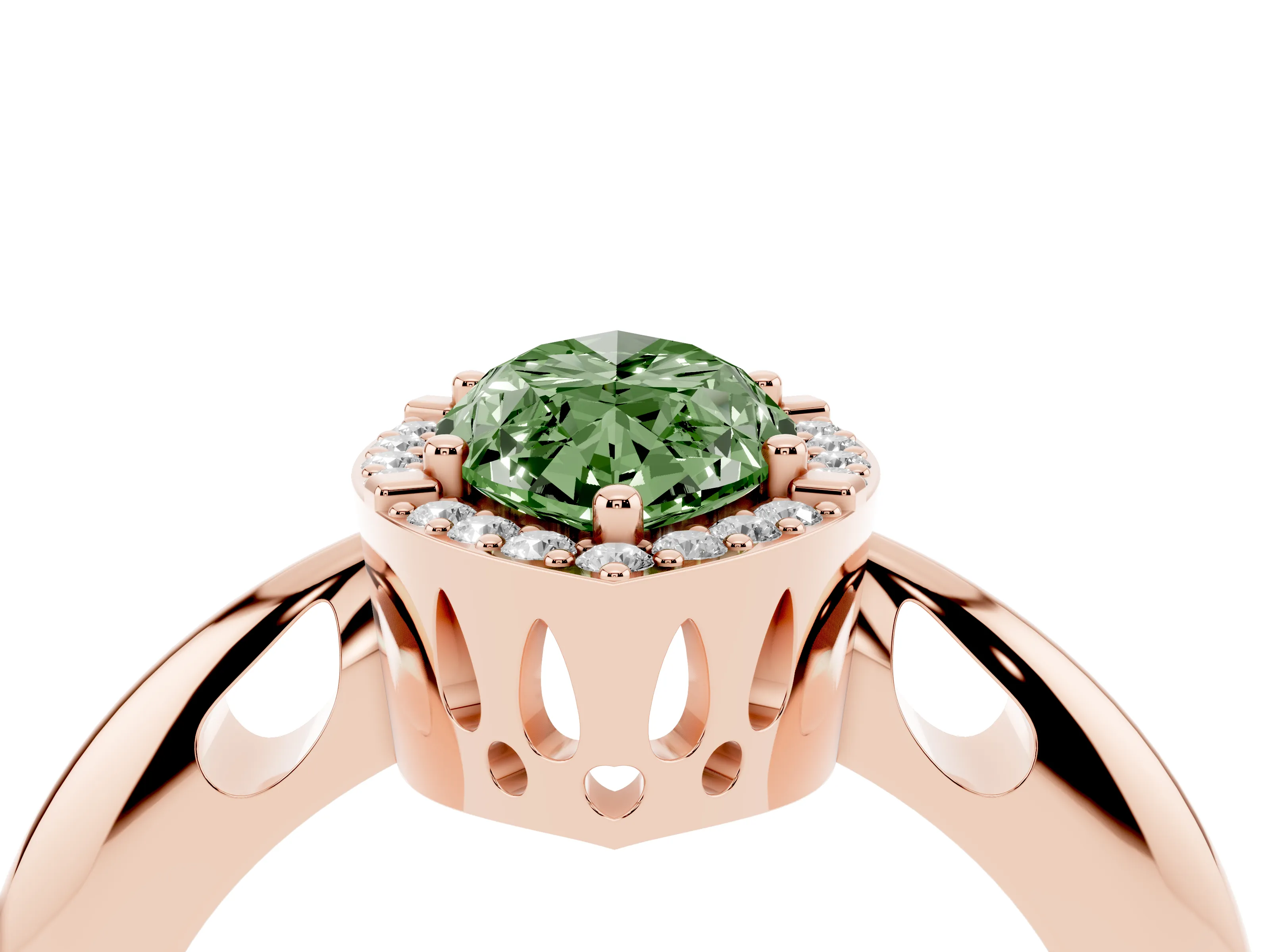 Fancy Green Marquise Cut Diamond Halo Engagement Ring Set in Rose gold with Plain Split Shank and Prong Setting