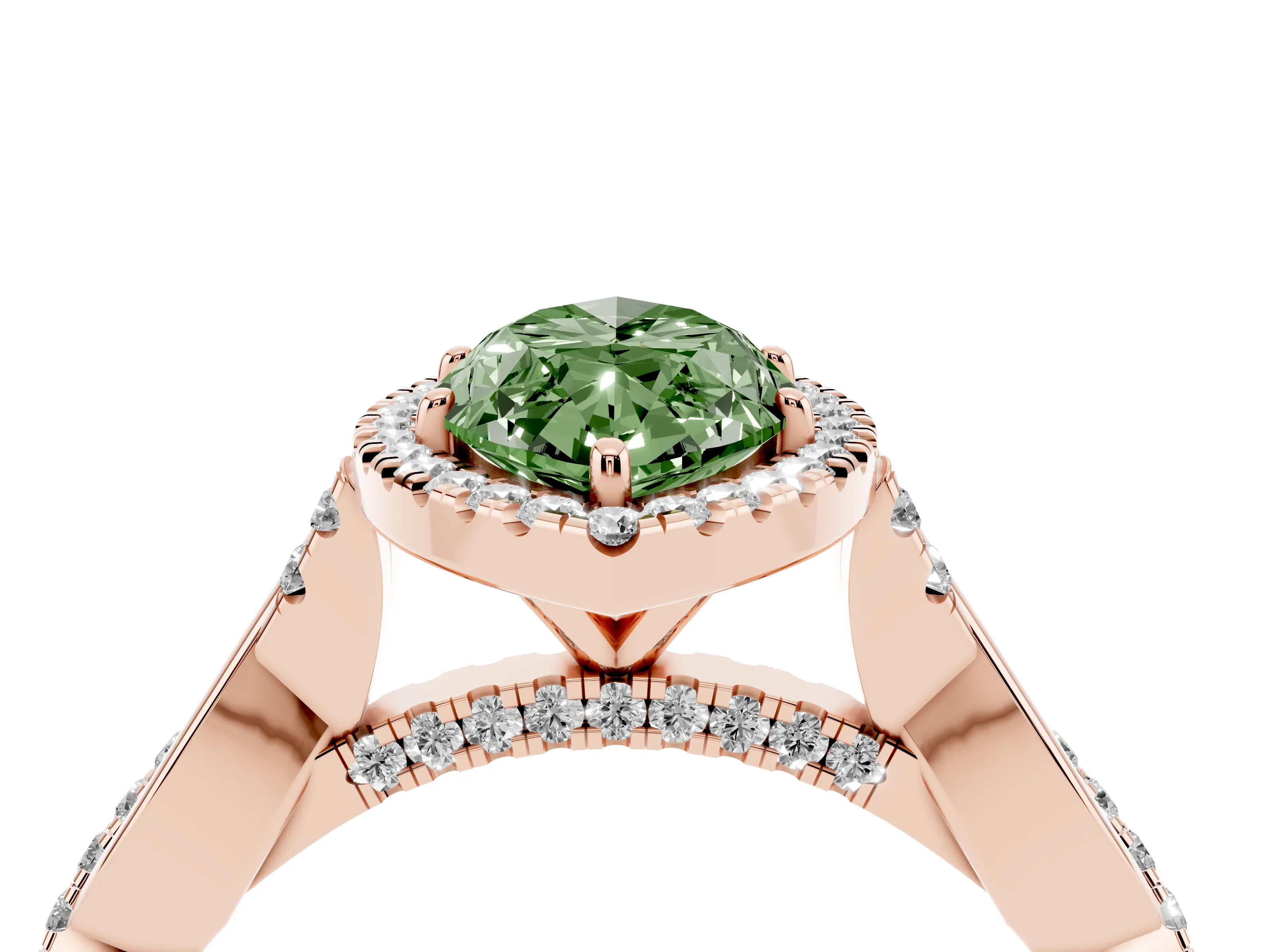 Fancy Green Marquise Cut Diamond Halo Twist Band Solitaire Ring Set in Rose gold with Prong Setting