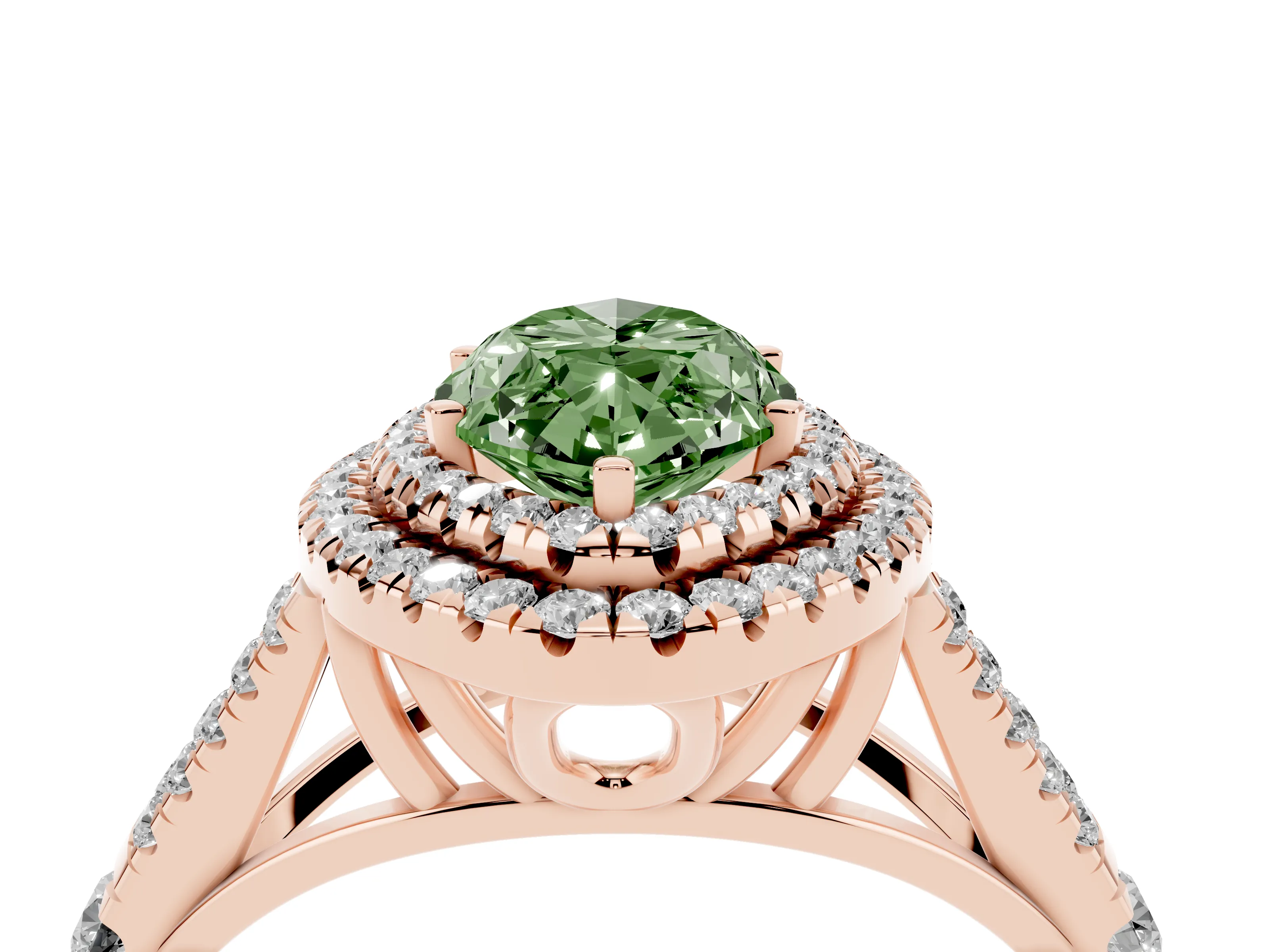 Fancy Green Marquise Cut Diamond Pavé Split Shank Double Halo Engagement Ring Set in Rose gold