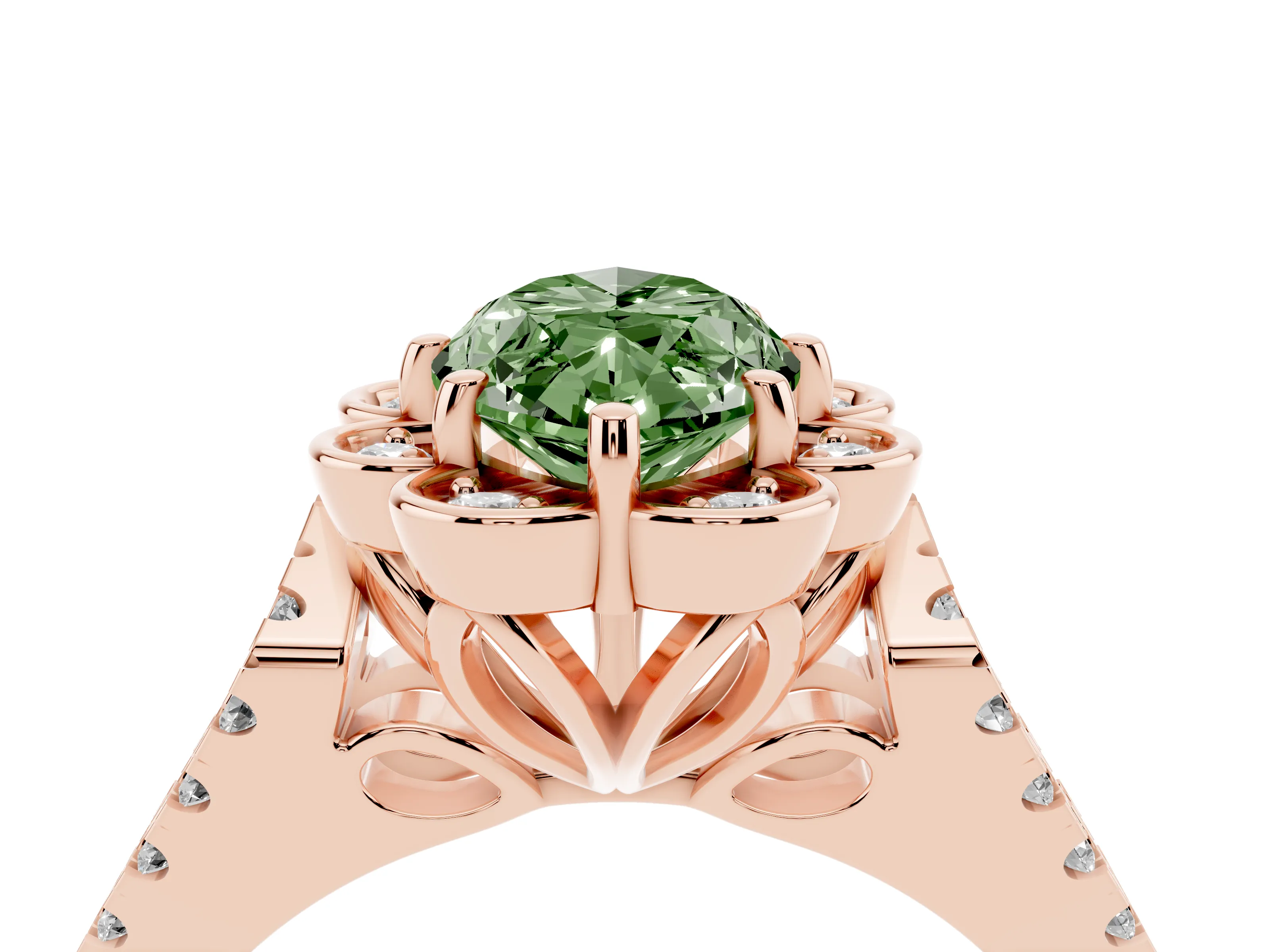 Fancy Green Marquise Cut Diamond Floral Halo Split Shank Engagement Ring Set in Rose gold with Pavé Shank