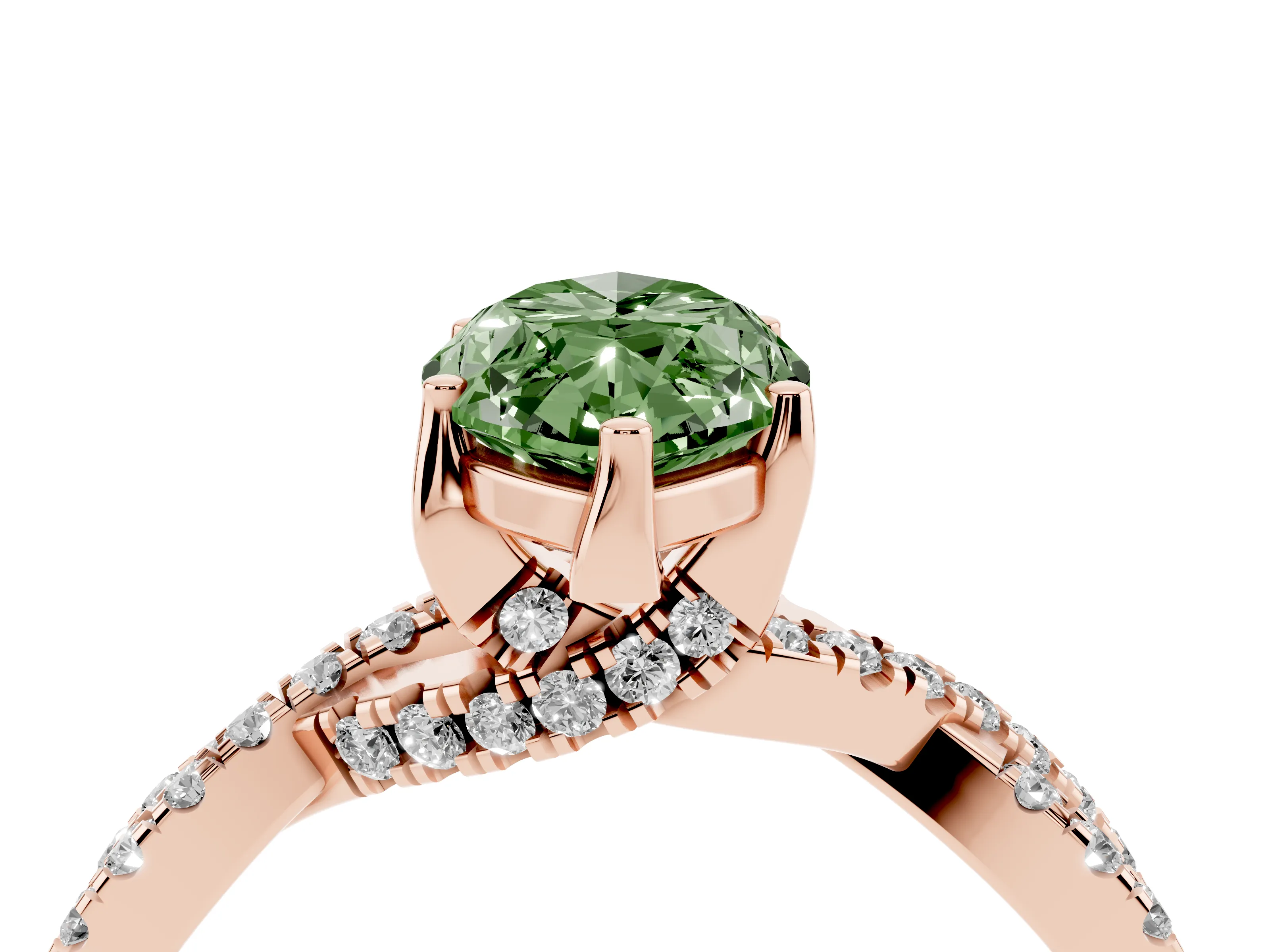 Fancy Green Marquise Cut Diamond Twist Pavé Solitaire Engagement Ring Set in Rose gold with Prong Setting