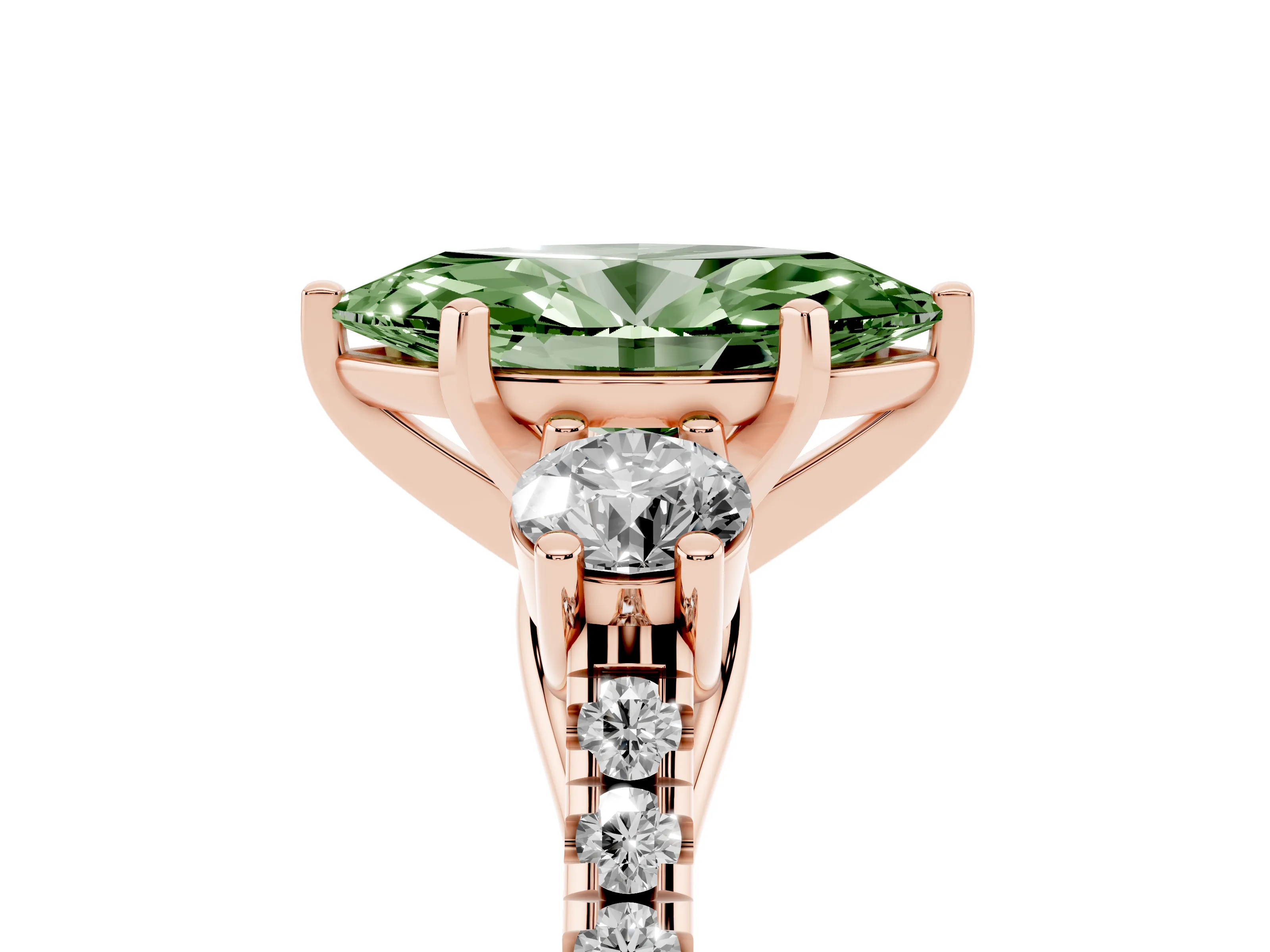 Fancy Green Three-Stone Marquise Cut Diamond Pavé Band Ring Set in Rose gold with Prong-Set Trio