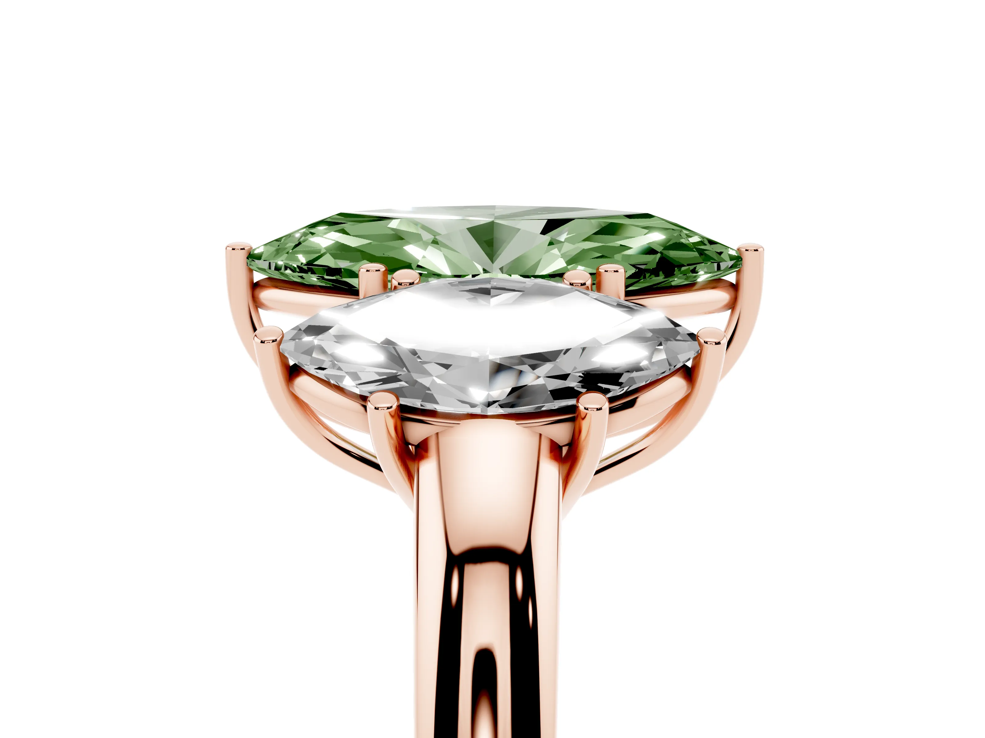 Fancy Green Marquise Cut Diamond Three-Stone Ring Set in Rose gold with Bold Center and Classic Band