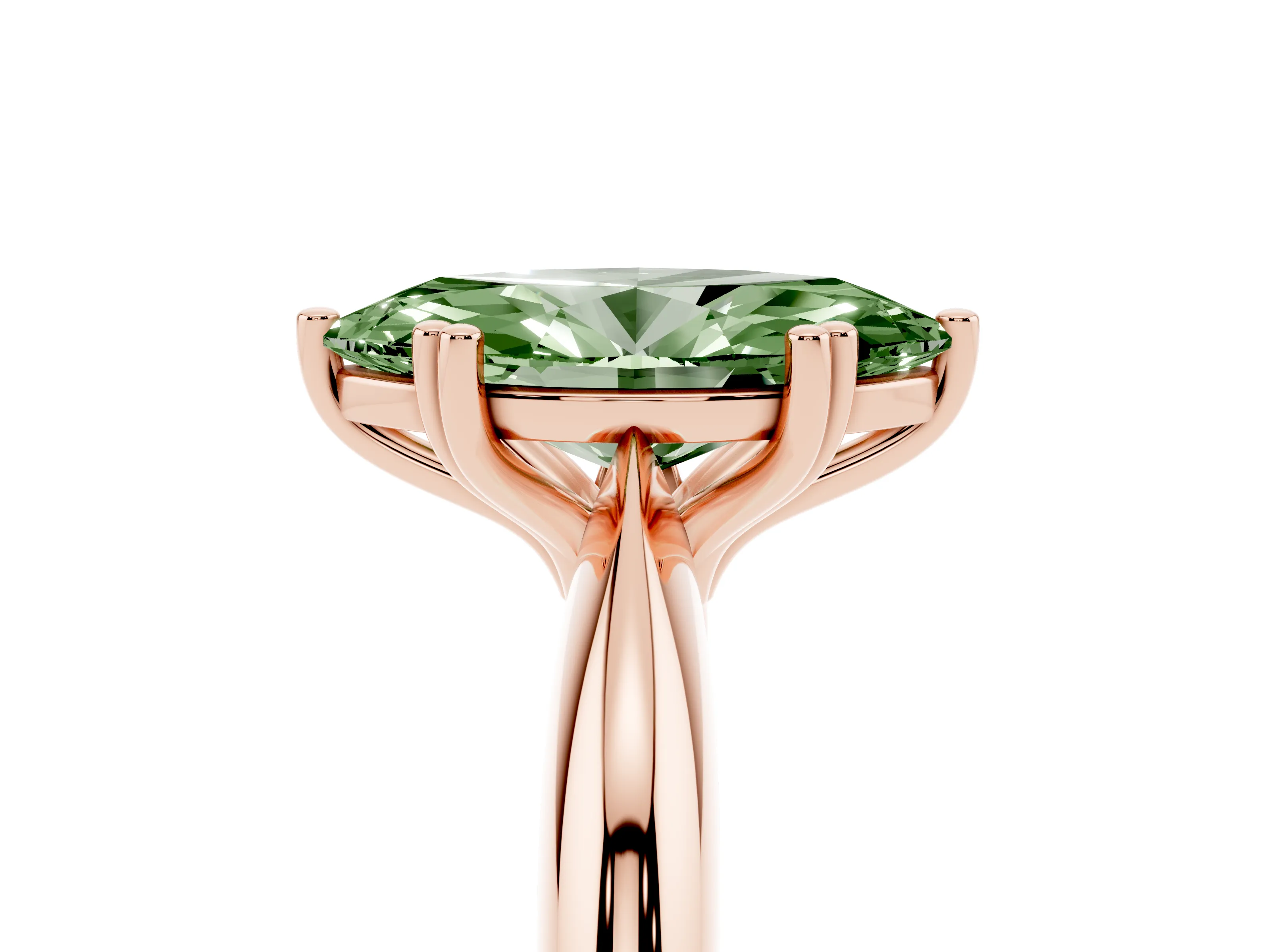 Fancy Green Marquise Cut Diamond Solitaire Engagement Ring Set in Rose gold with Tapered Band and Prong Setting