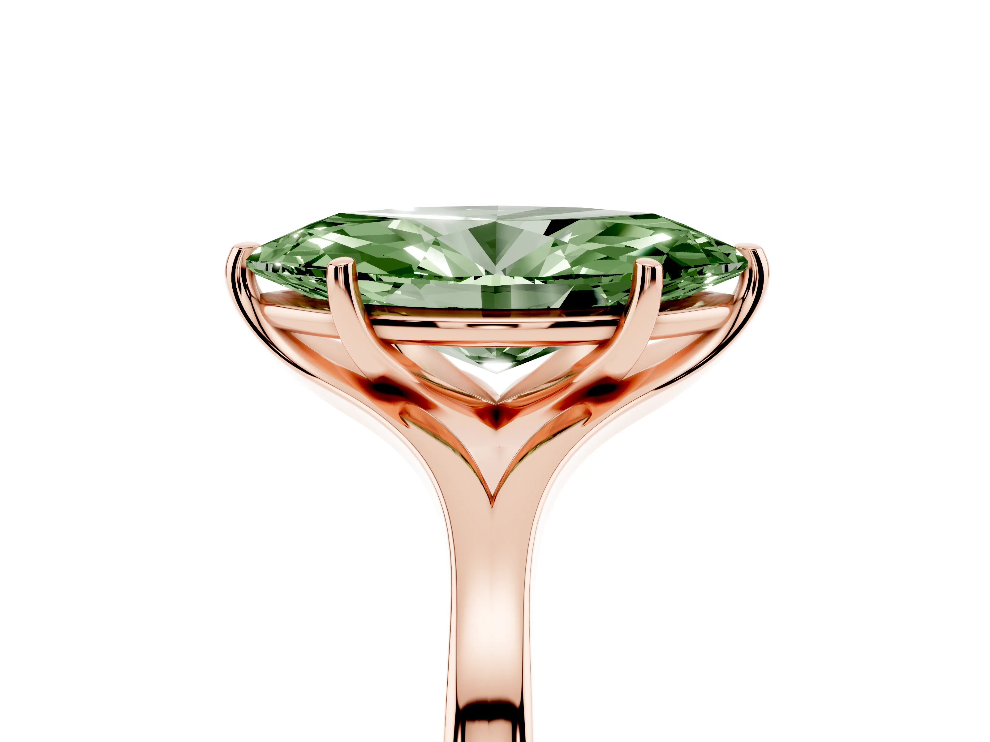 Fancy Green Marquise Cut Diamond Solitaire Ring Set in Rose gold with Polished Tapered Band and Prong Setting