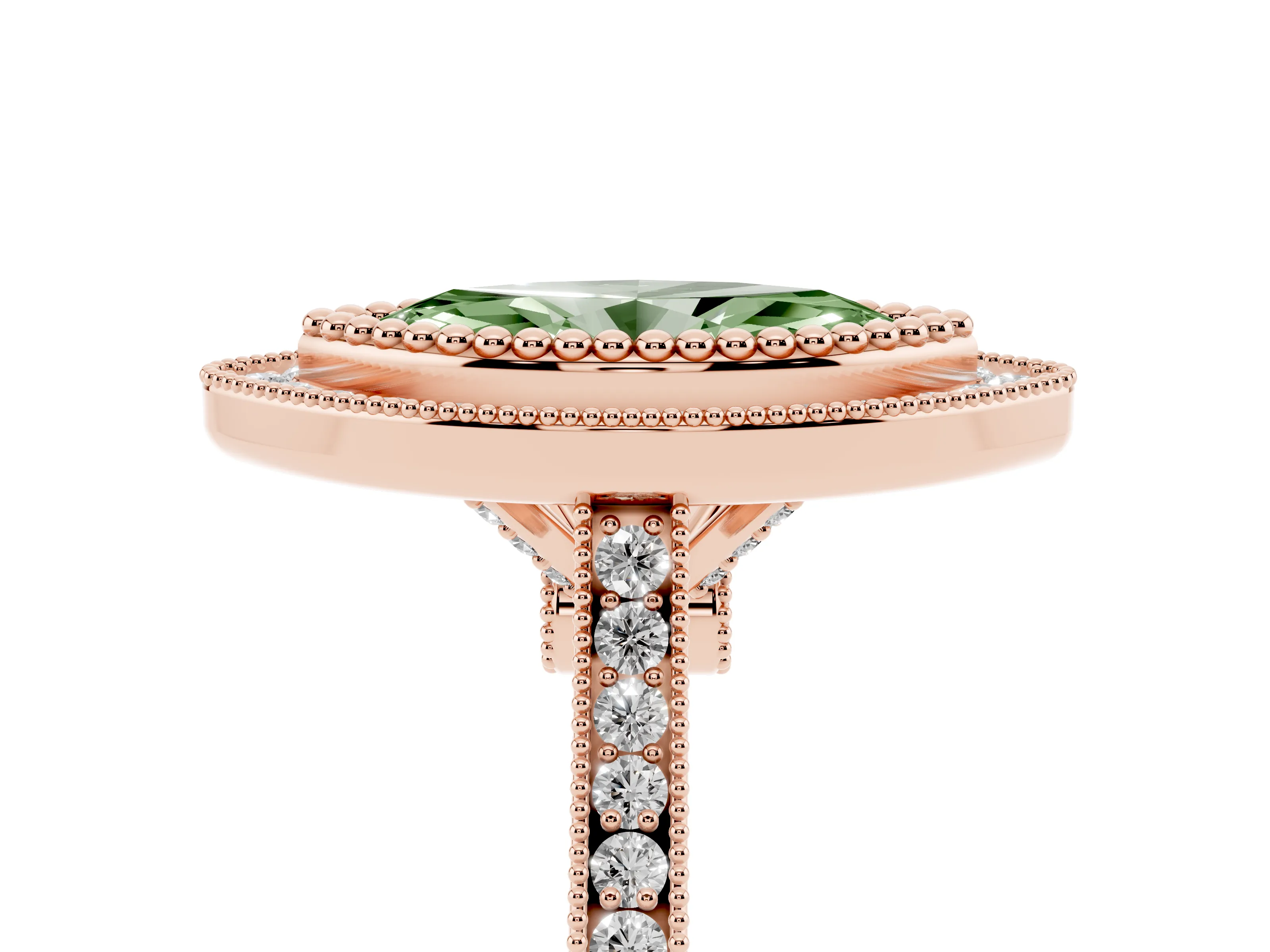 Fancy Green Marquise Cut Diamond Halo Ring Set in Rose gold with Milgrain Frame and Pavé Band