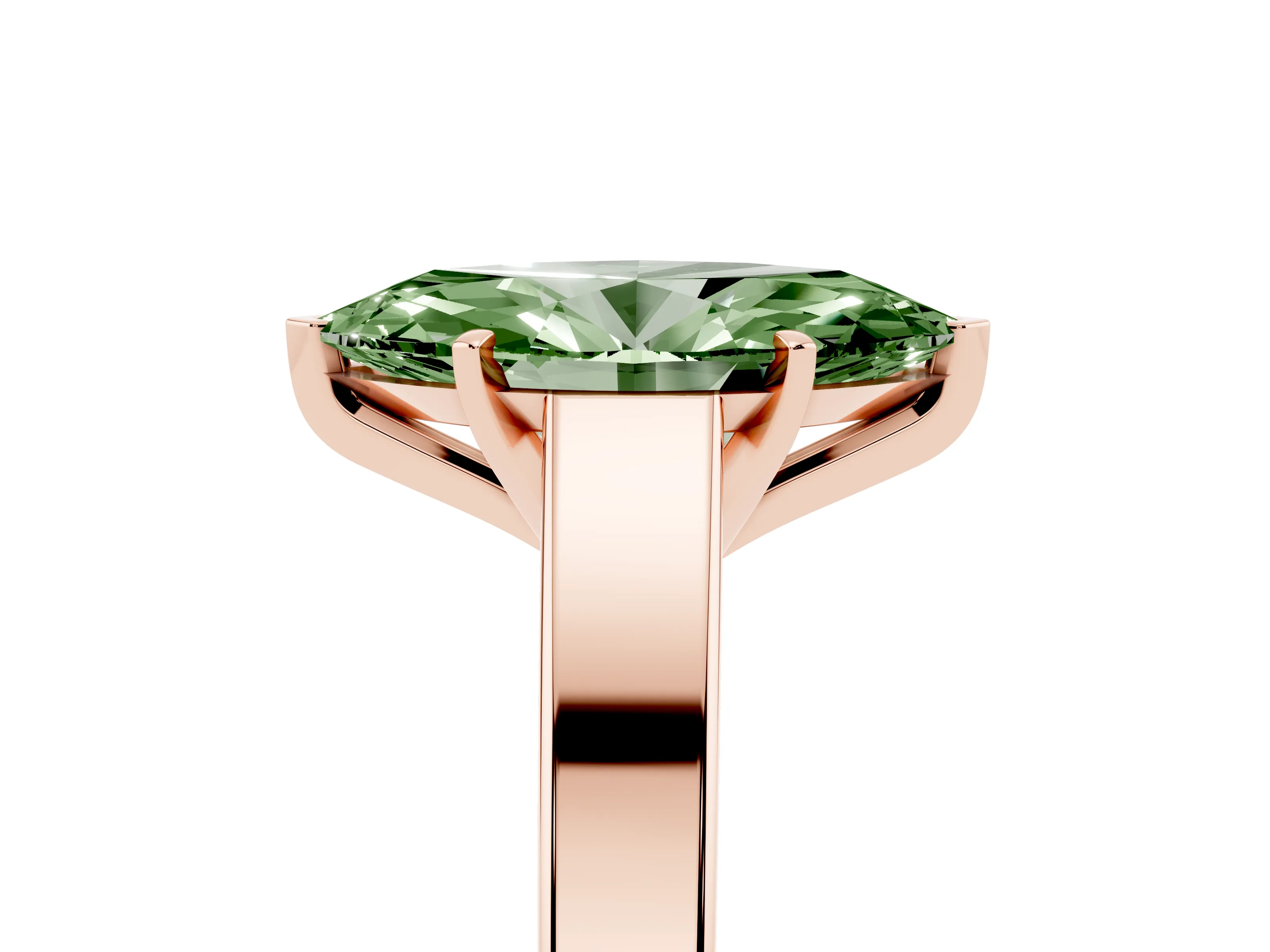 Fancy Green Marquise Cut Diamond Solitaire Engagement Ring Set in Rose gold with Prong Setting and Tapered Band