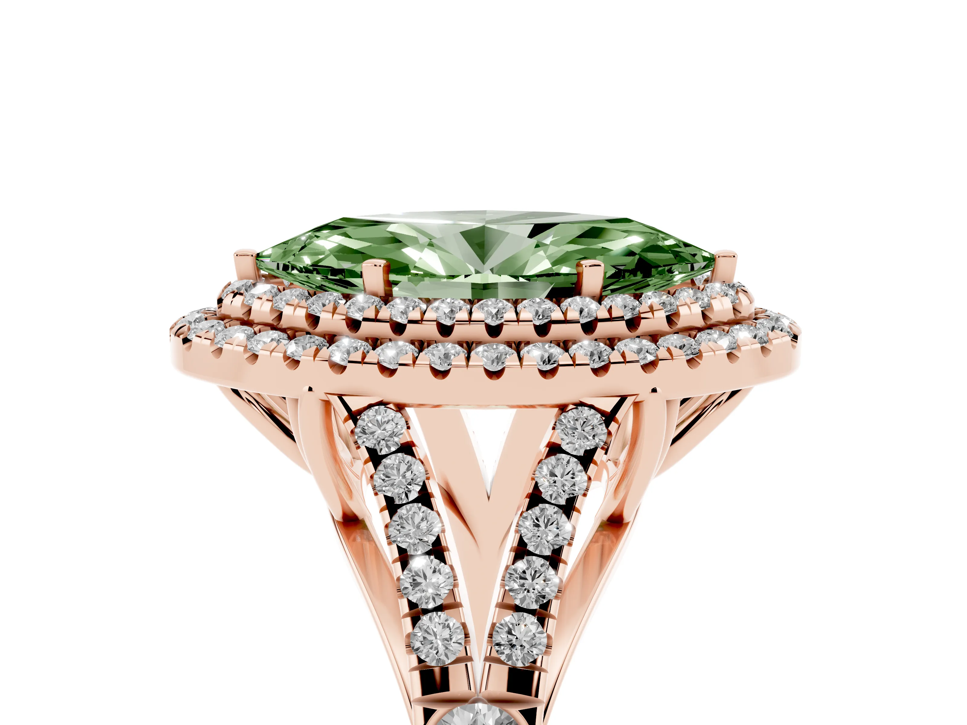 Fancy Green Marquise Cut Diamond Pavé Split Shank Double Halo Engagement Ring Set in Rose gold