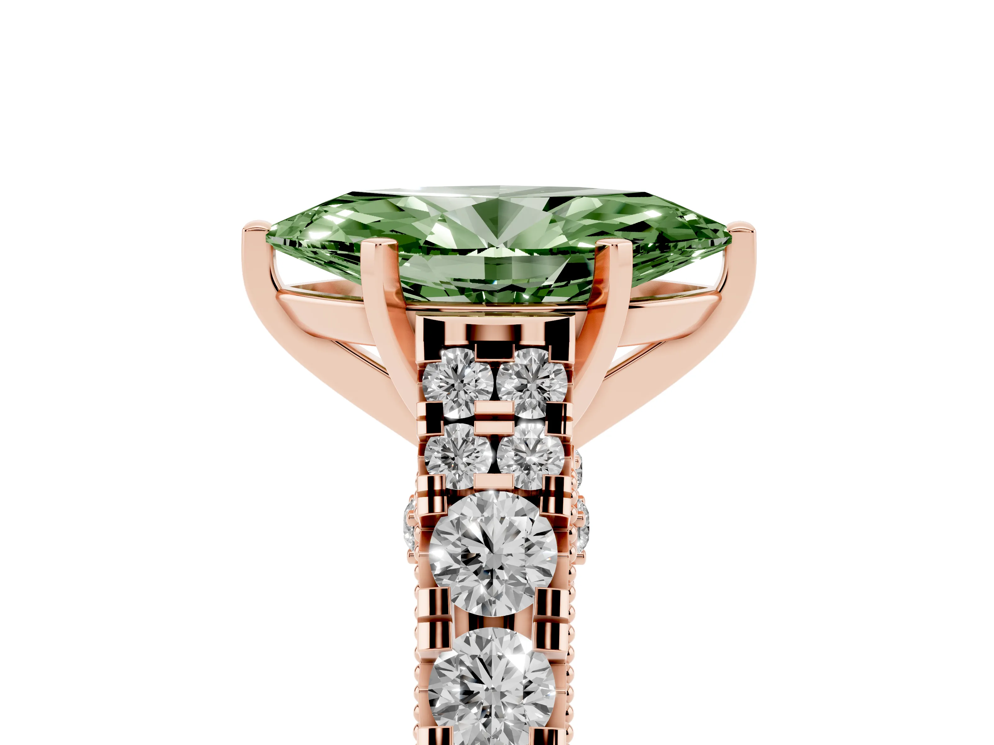 Fancy Green Marquise Cut Diamond Classic Solitaire Ring Set in Rose gold with Pavé Band and Prong Setting