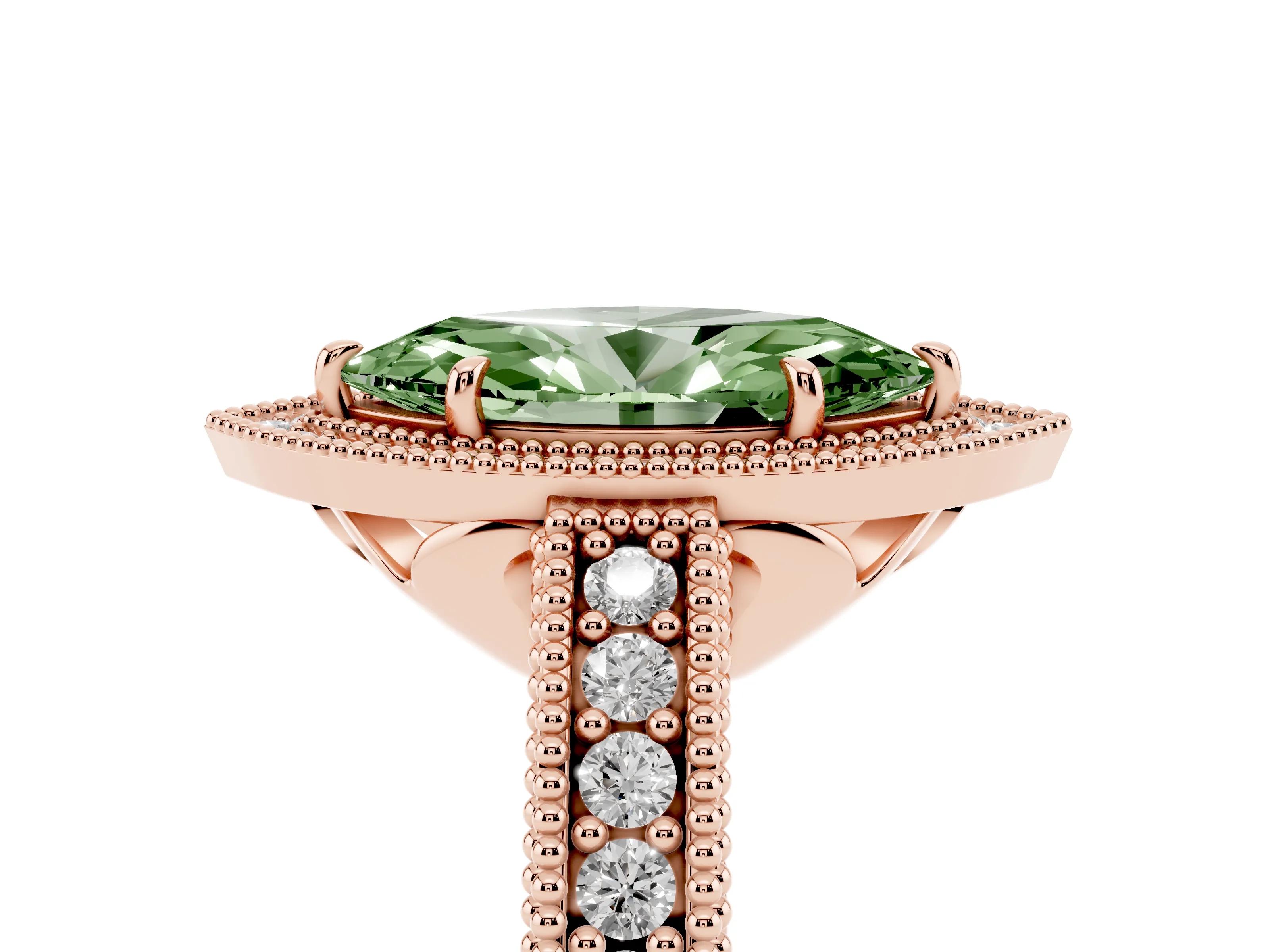 Fancy Green Marquise Cut Diamond Halo Ring Set in Rose gold with Round Accent Halo, Pavé Band and Prong Setting