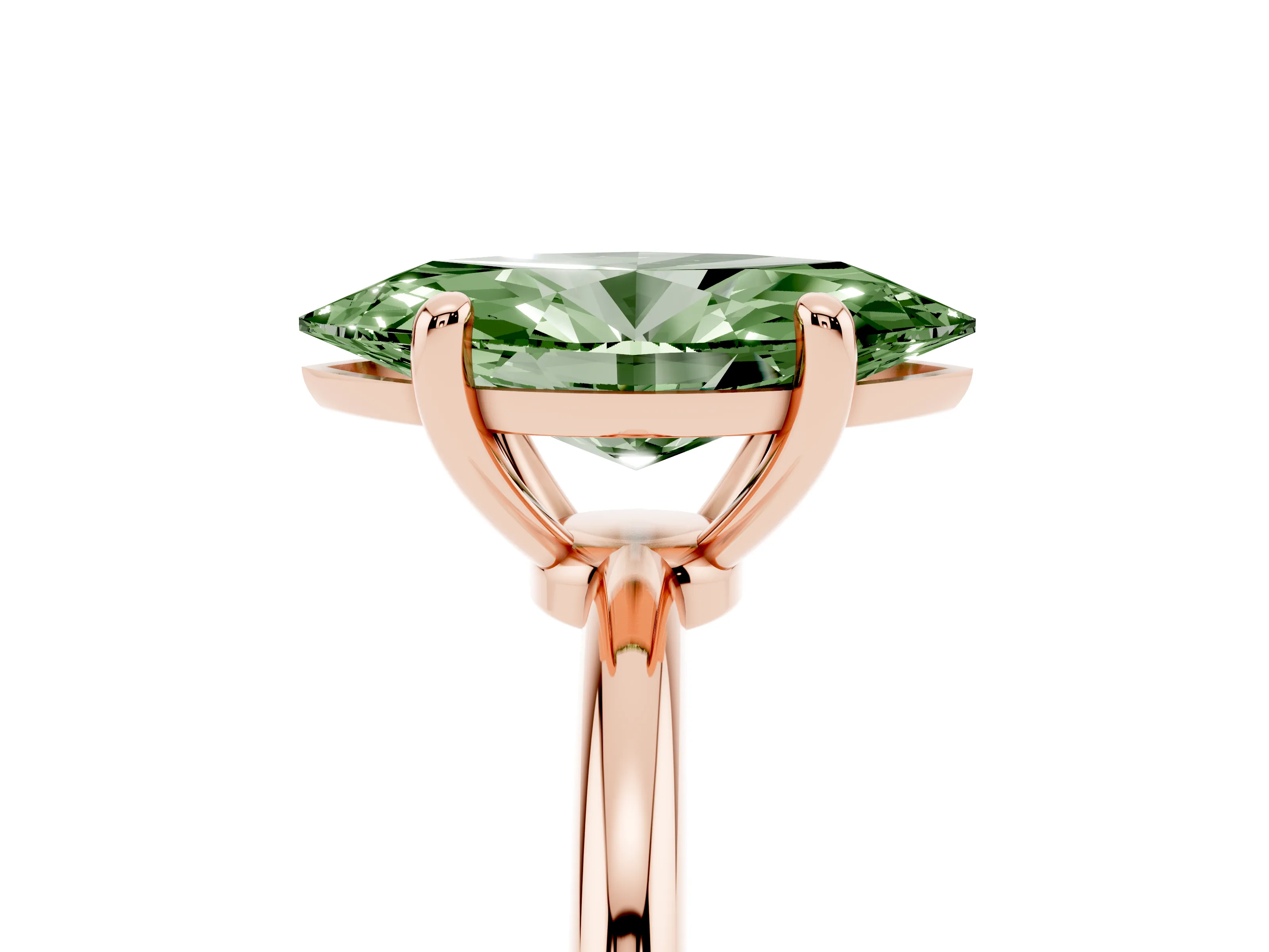 Fancy Green Marquise Cut Diamond Solitaire Ring Set in Rose gold with Secure Prong Setting on a Classic Band
