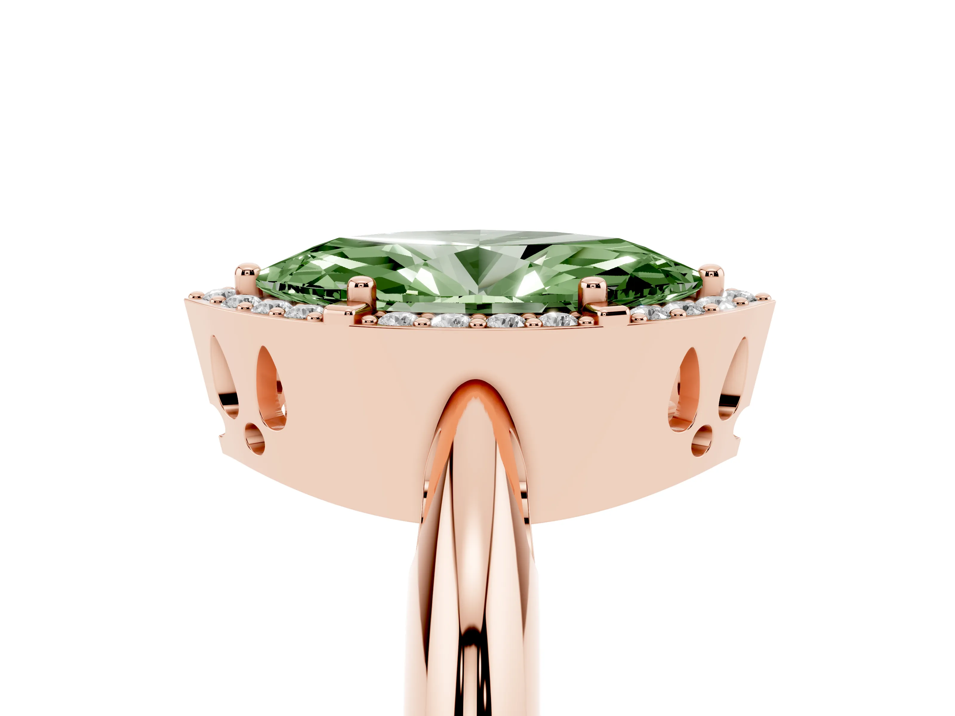 Fancy Green Marquise Cut Diamond Halo Engagement Ring Set in Rose gold with Plain Split Shank and Prong Setting
