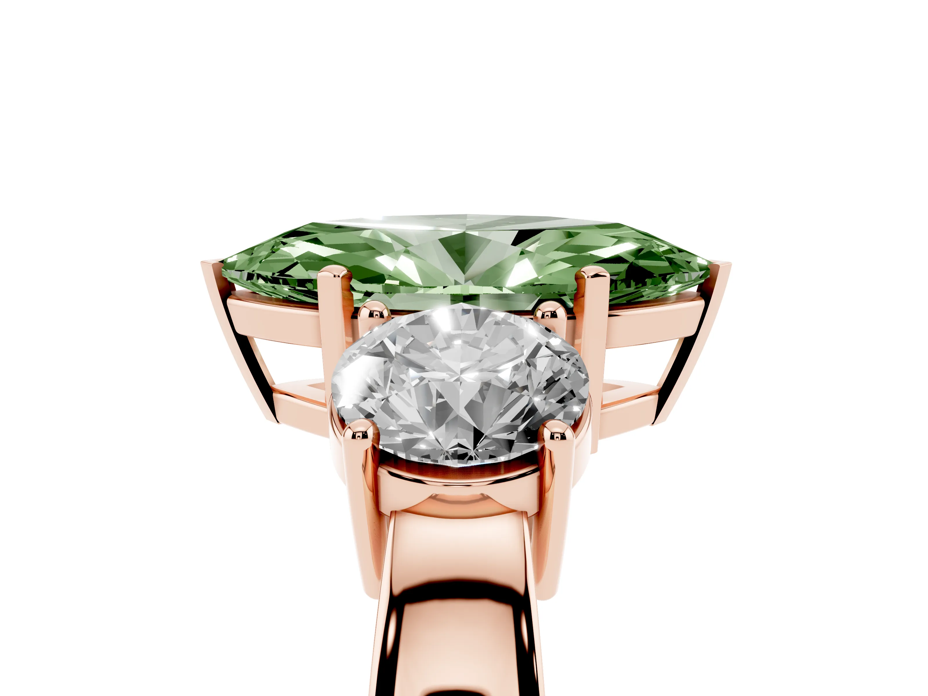 Fancy Green Marquise Cut Diamond Three-Stone Ring Set in Rose gold with Round Side Stones and Classic Band
