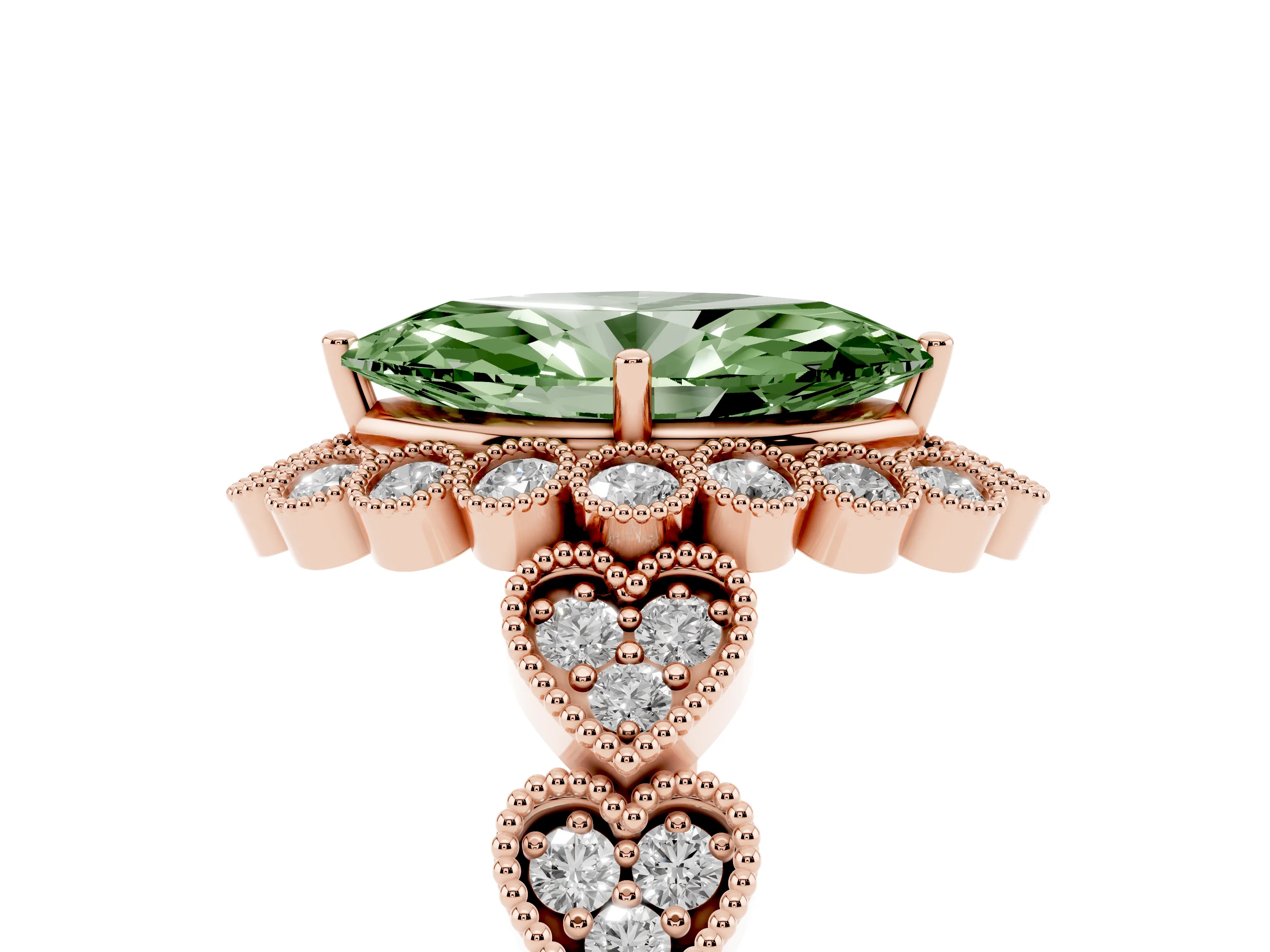 Fancy Green Marquise Cut Diamond Solitaire Ring Set in Rose gold with Milgrain Pavé Heart Band