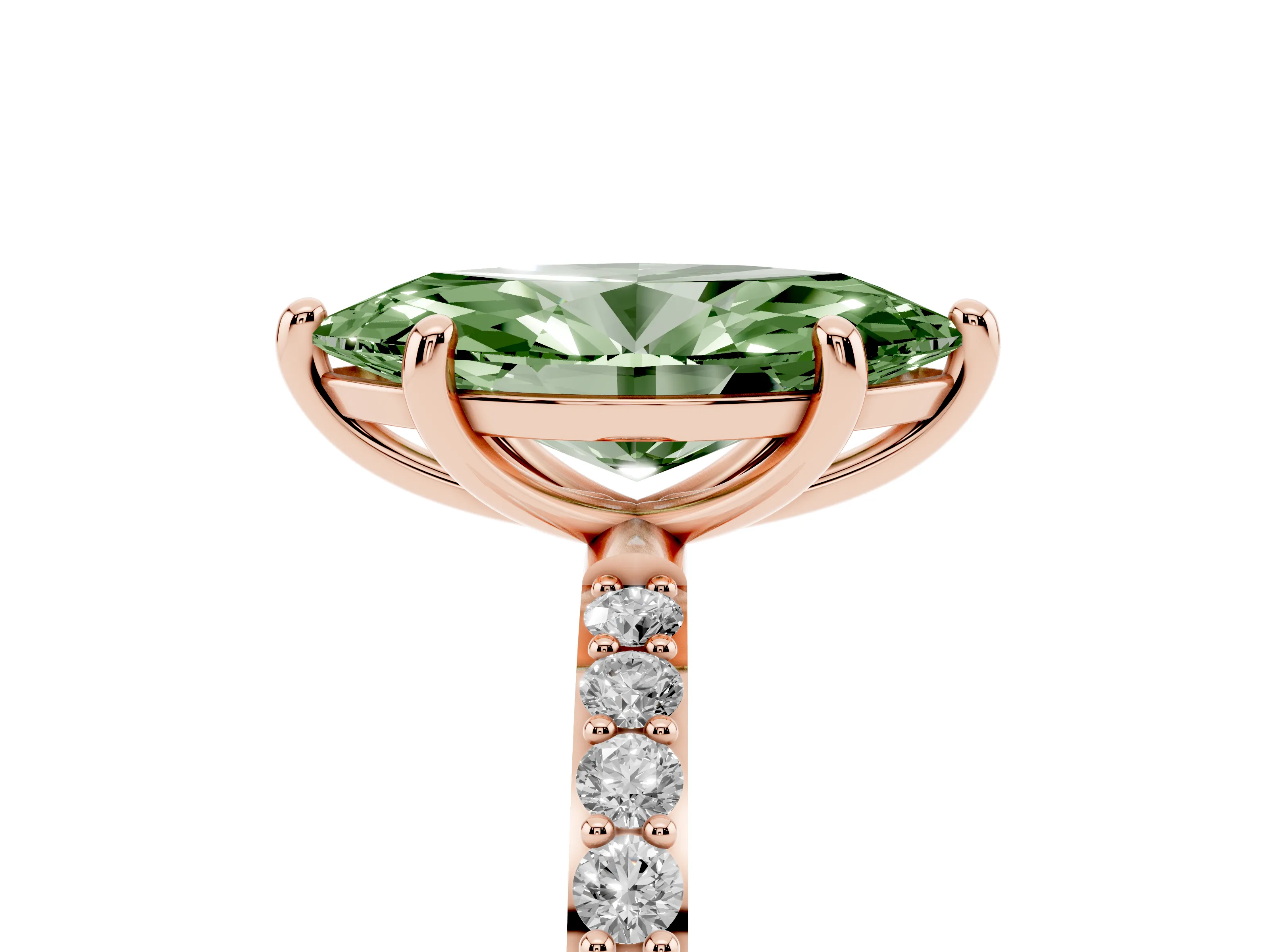 Fancy Green Marquise Cut Diamond Solitaire Ring Set in Rose gold with Round Pavé Band and Prong Setting