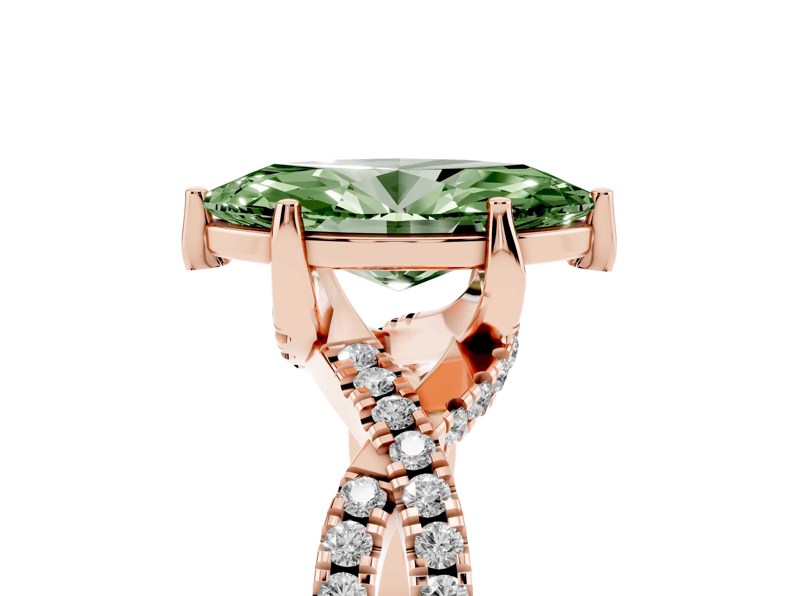Fancy Green Marquise Cut Diamond Twist Pavé Solitaire Engagement Ring Set in Rose gold with Prong Setting