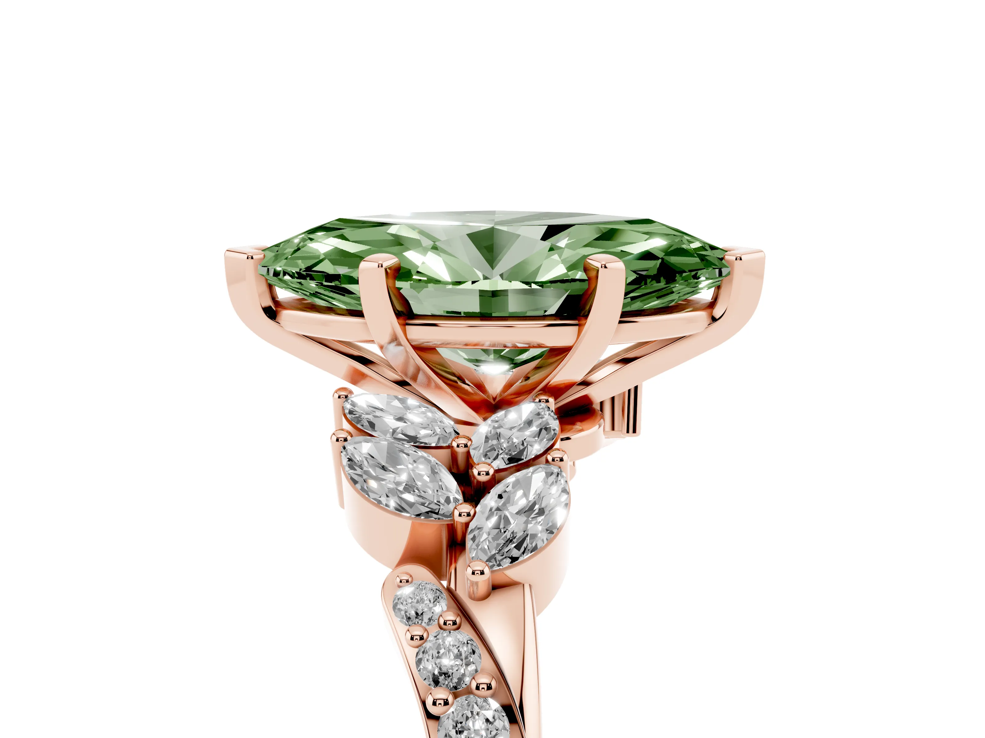 Fancy Green Marquise Cut Diamond Solitaire Ring Set in Rose gold with Marquise Twist Band and Prong Setting