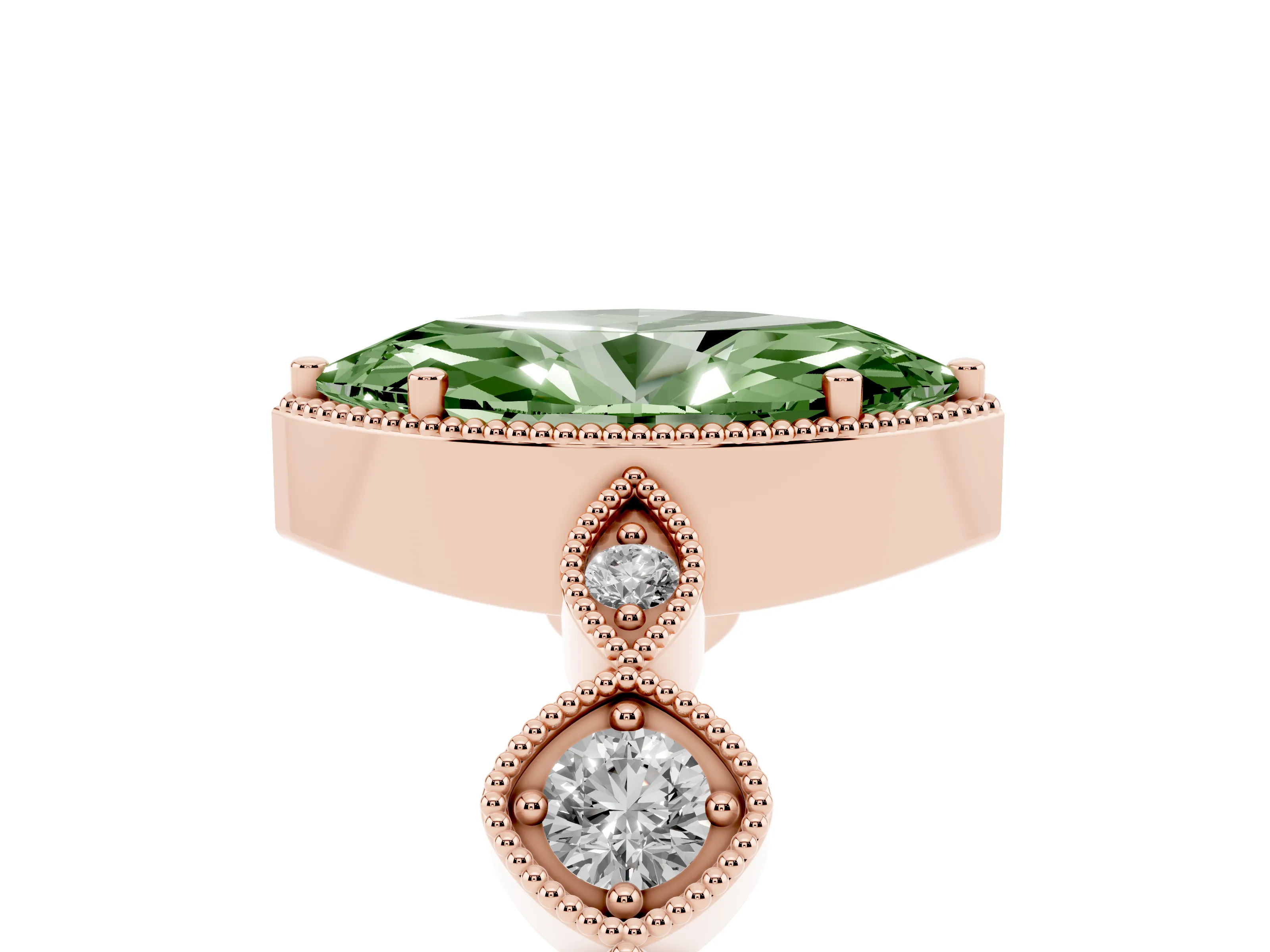 Fancy Green Marquise Cut Diamond Vintage-Inspired Milgrain Ring Set in Rose gold with Marquise Stations of Round Accents