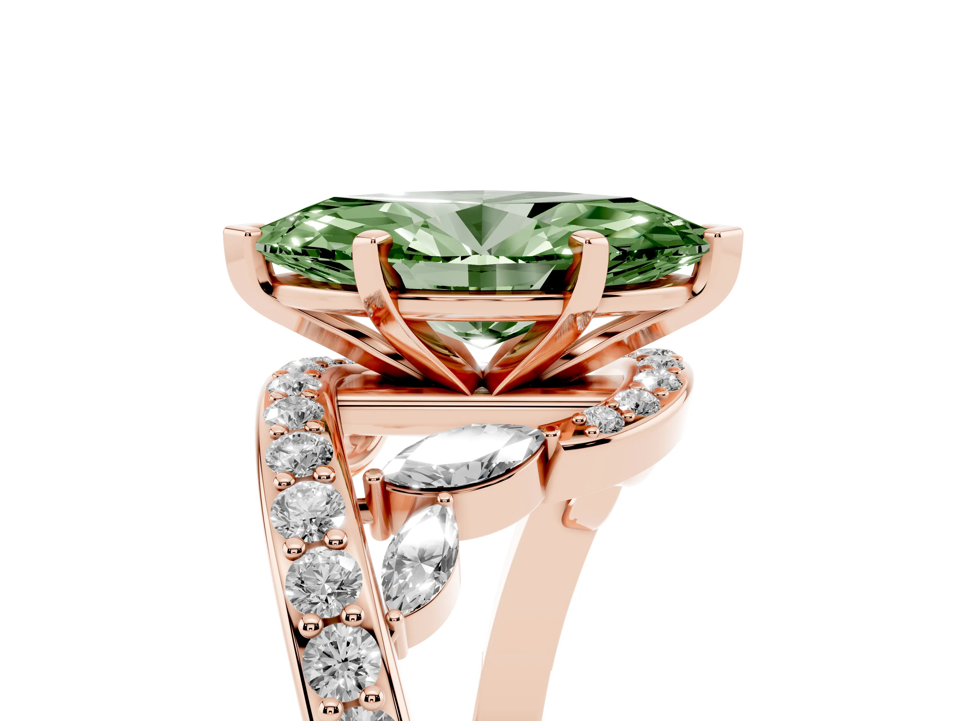 Fancy Green Marquise Cut Diamond Solitaire Ring Set in Rose gold with Pavé Twist Band and Secure Prong Setting