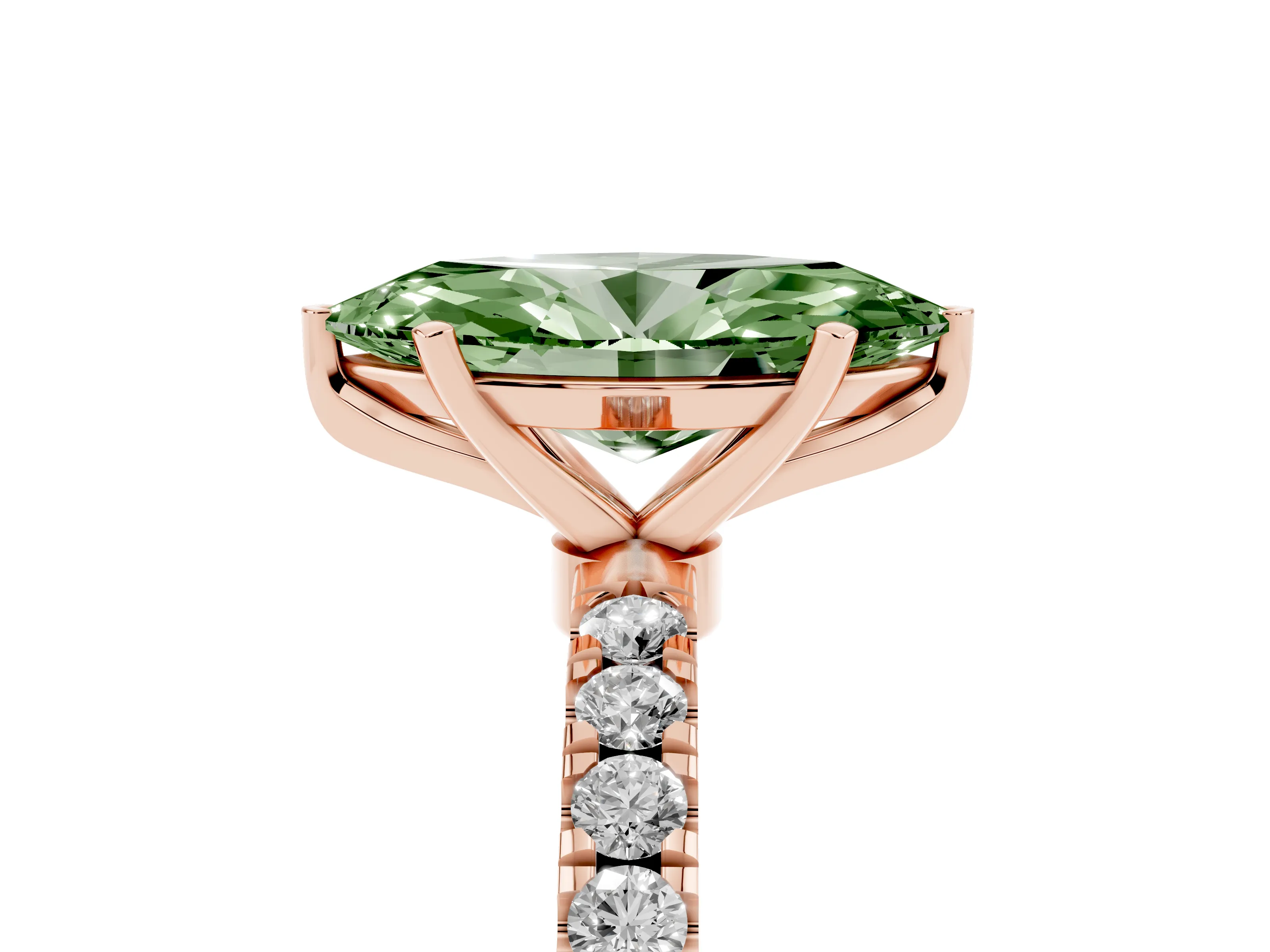 Fancy Green Marquise Cut Diamond Solitaire Ring Set in Rose gold with Pavé Accents and Prong Setting
