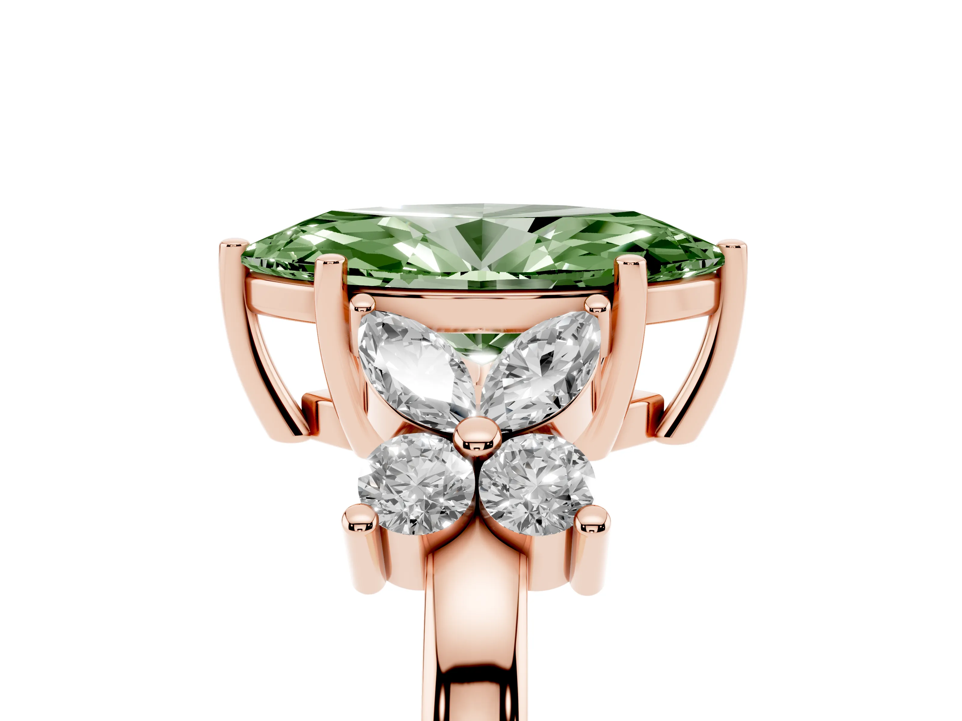 Fancy Green Marquise Cut Diamond Floral Cluster Ring Set in Rose gold with Marquise Petals and Prong Setting
