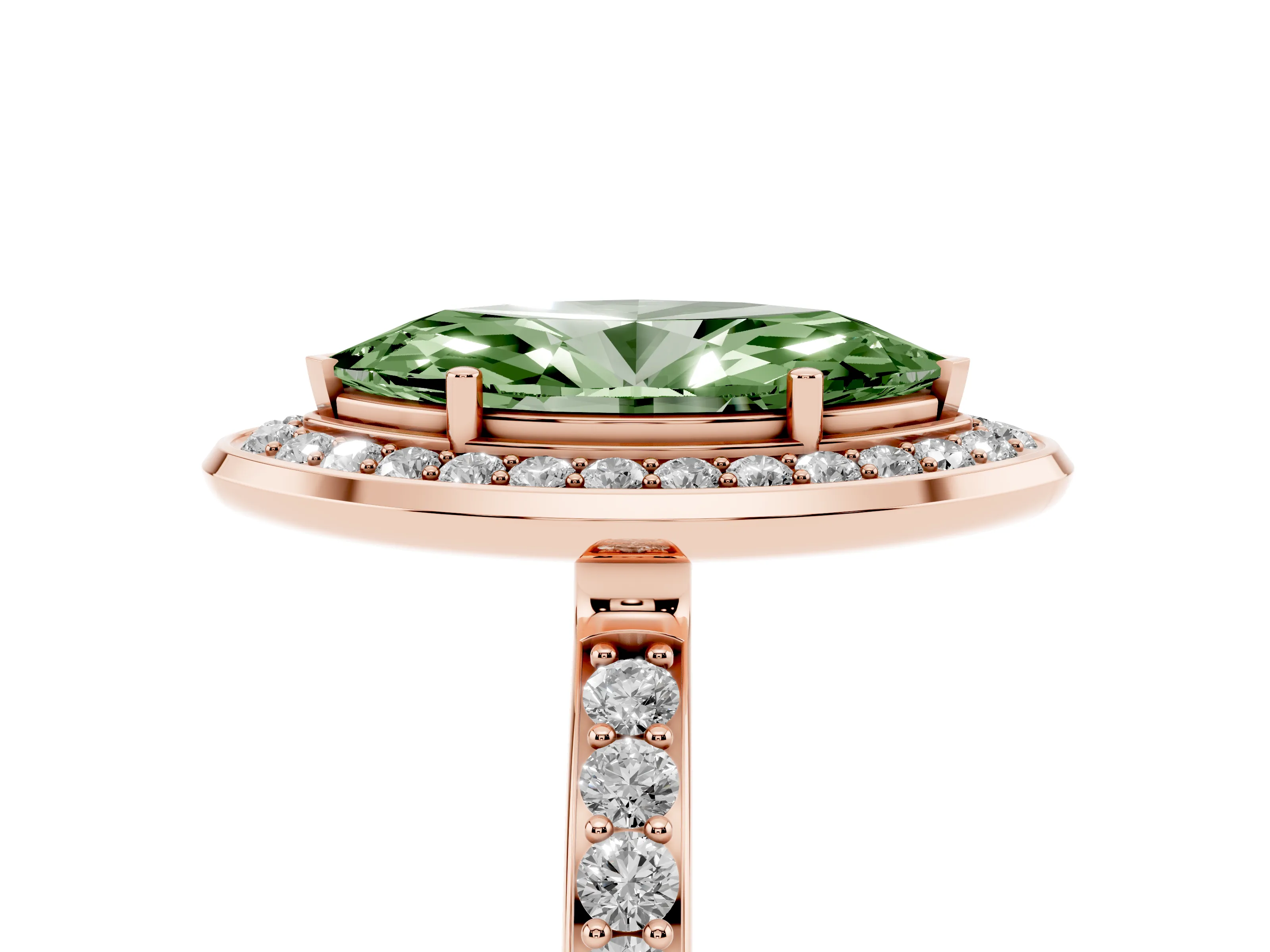 Fancy Green Marquise Cut Diamond Halo Ring Set in Rose gold with Bezel Frame and Pavé Band