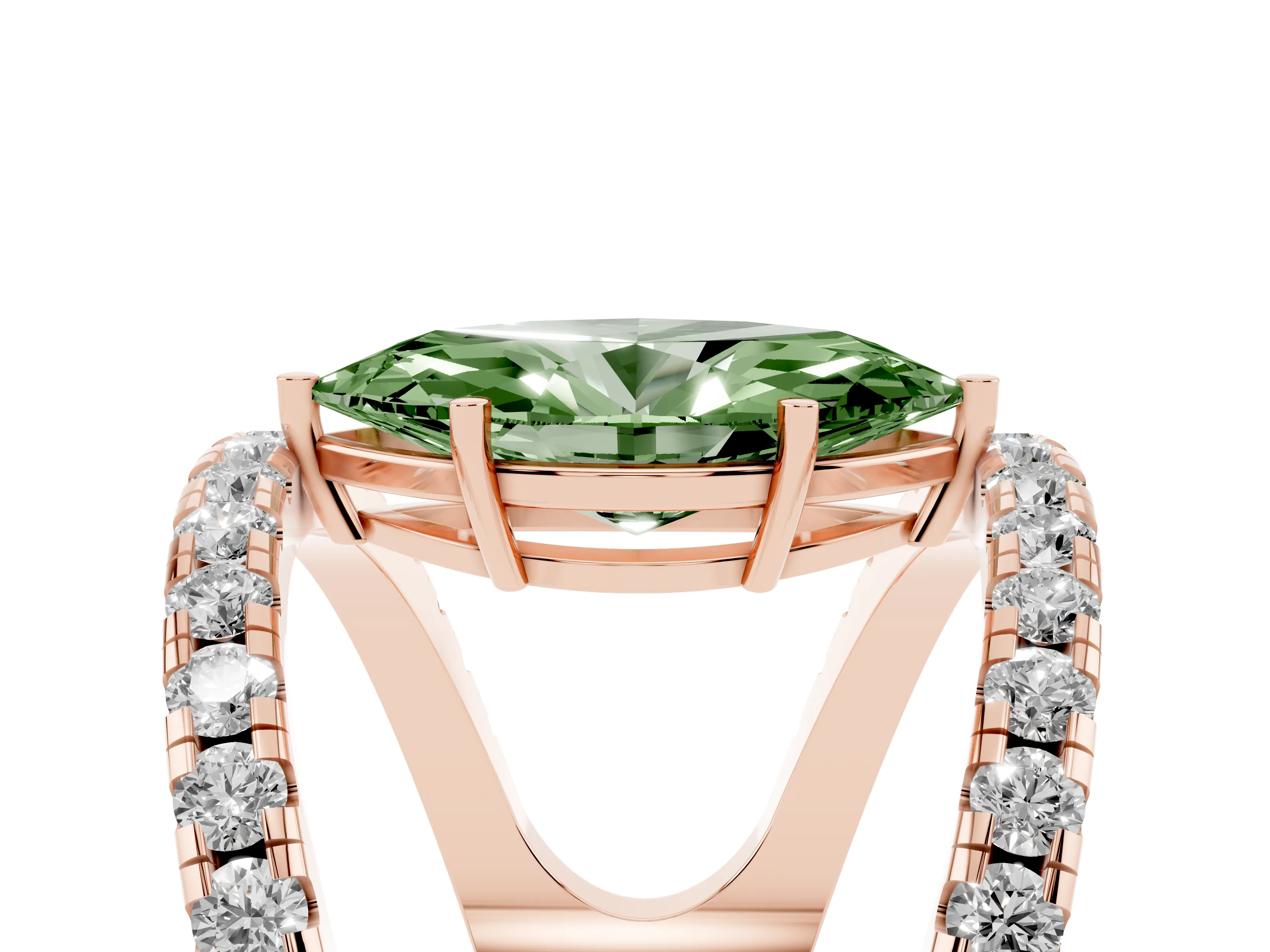 Fancy Green Marquise Cut Diamond Split Shank Pavé Solitaire Ring Set in Rose gold with Open Shank Design