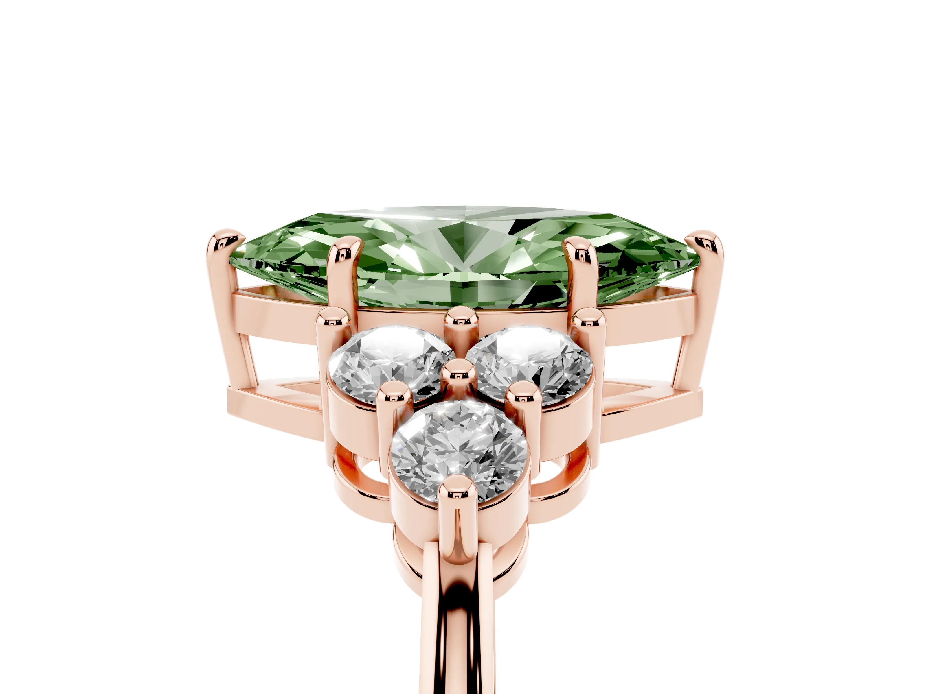 Fancy Green Marquise Cut Diamond Solitaire Ring Set in Rose gold with Cluster Accents on Each Side