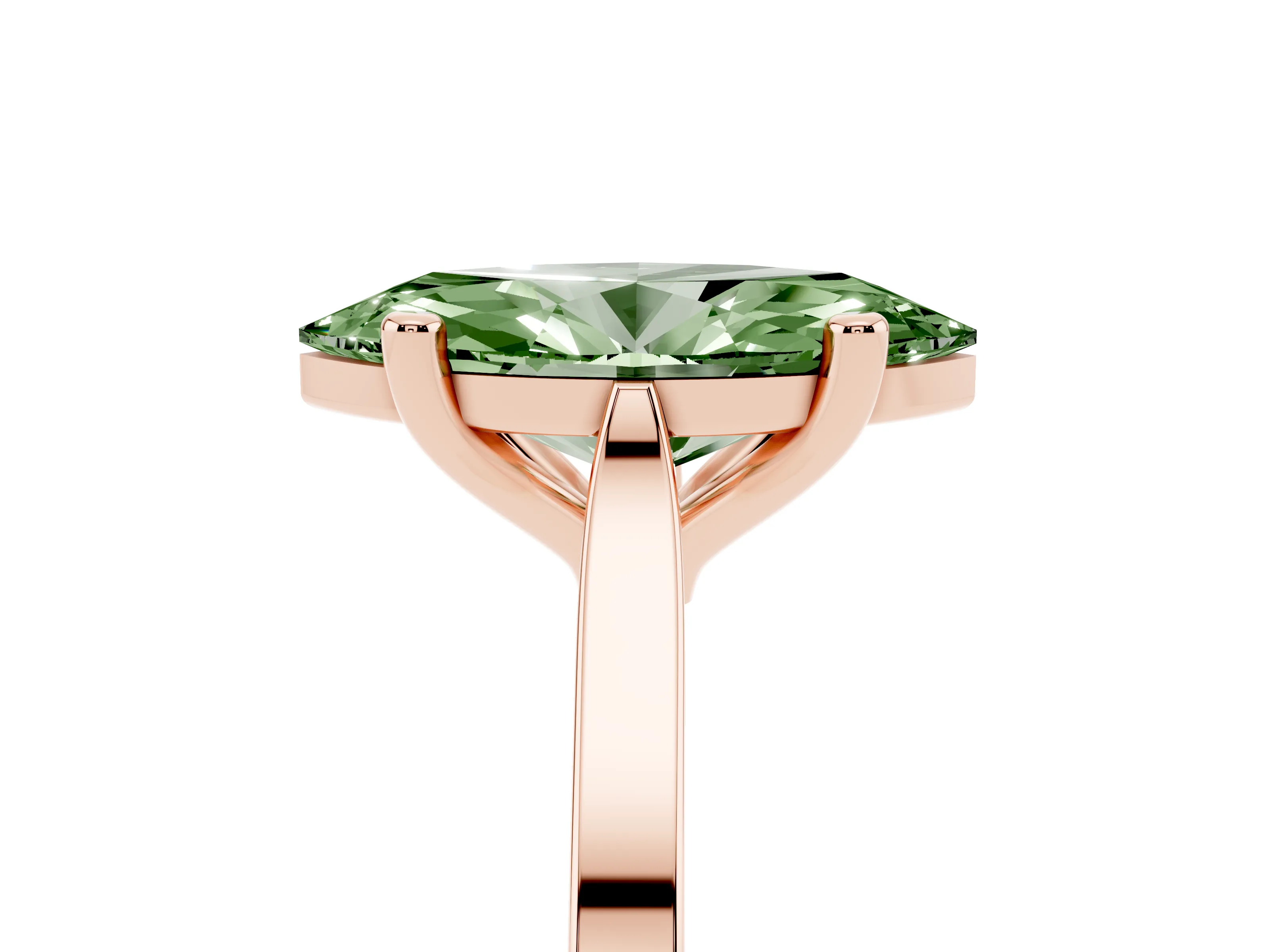 Fancy Green Marquise Cut Diamond Solitaire Ring Set in Rose gold with Prong Setting and Tapered Band