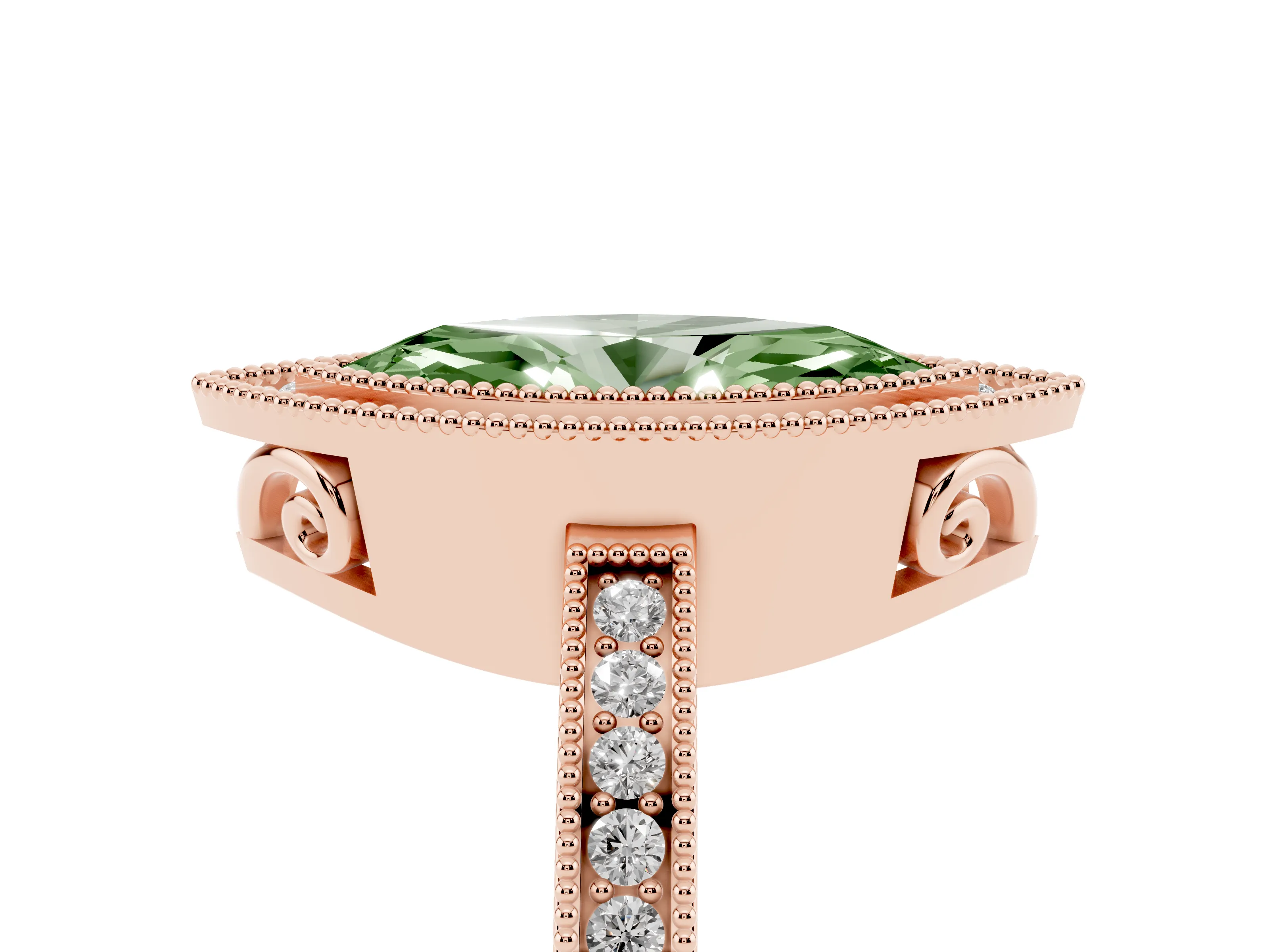 Fancy Green Marquise Cut Diamond Halo Ring Set in Rose gold with Pavé Band and Milgrain-Edged Prongs