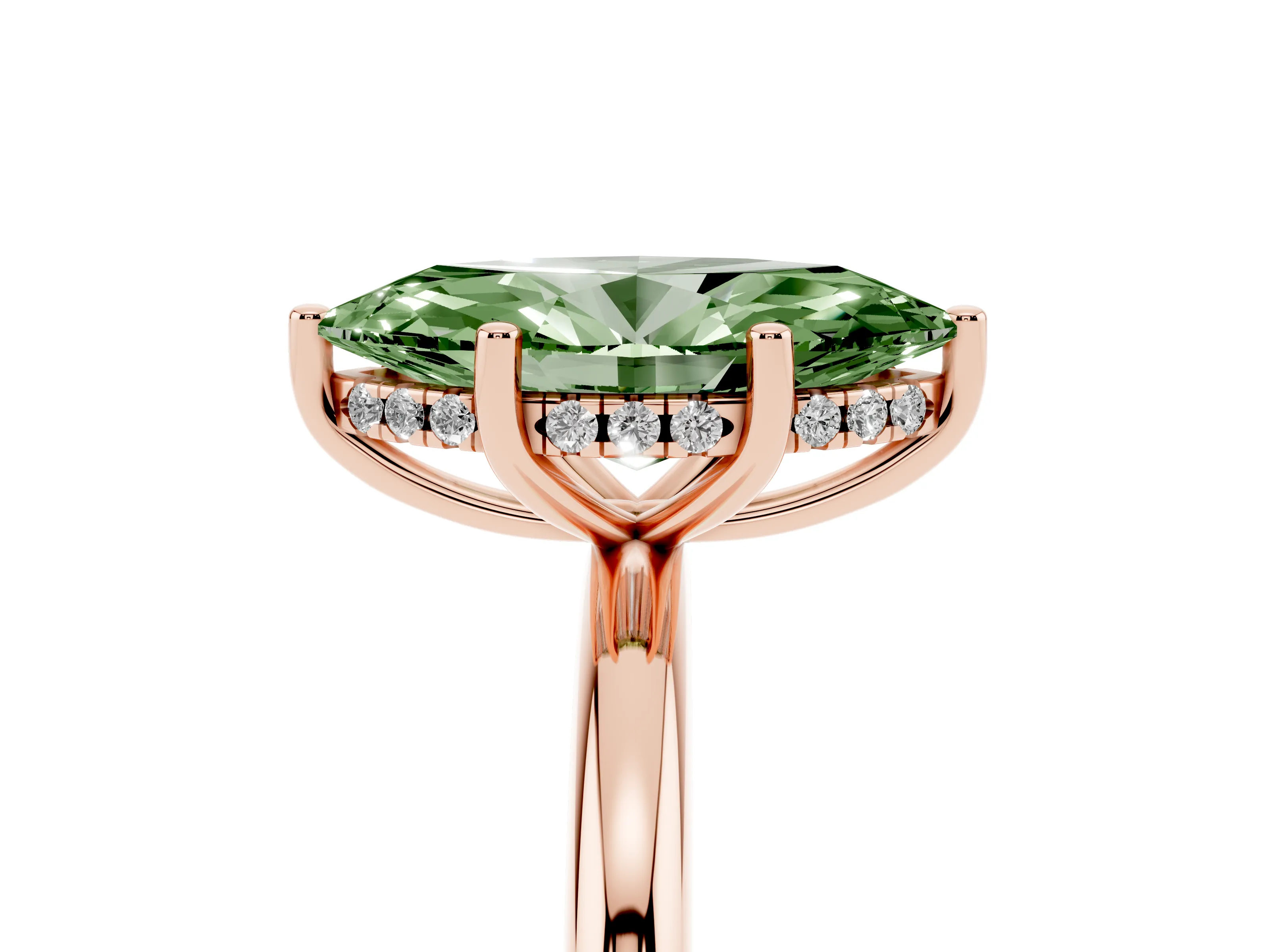 Fancy Green Marquise Cut Diamond Solitaire Engagement Ring Set in Rose gold with Prong Setting and Polished Band