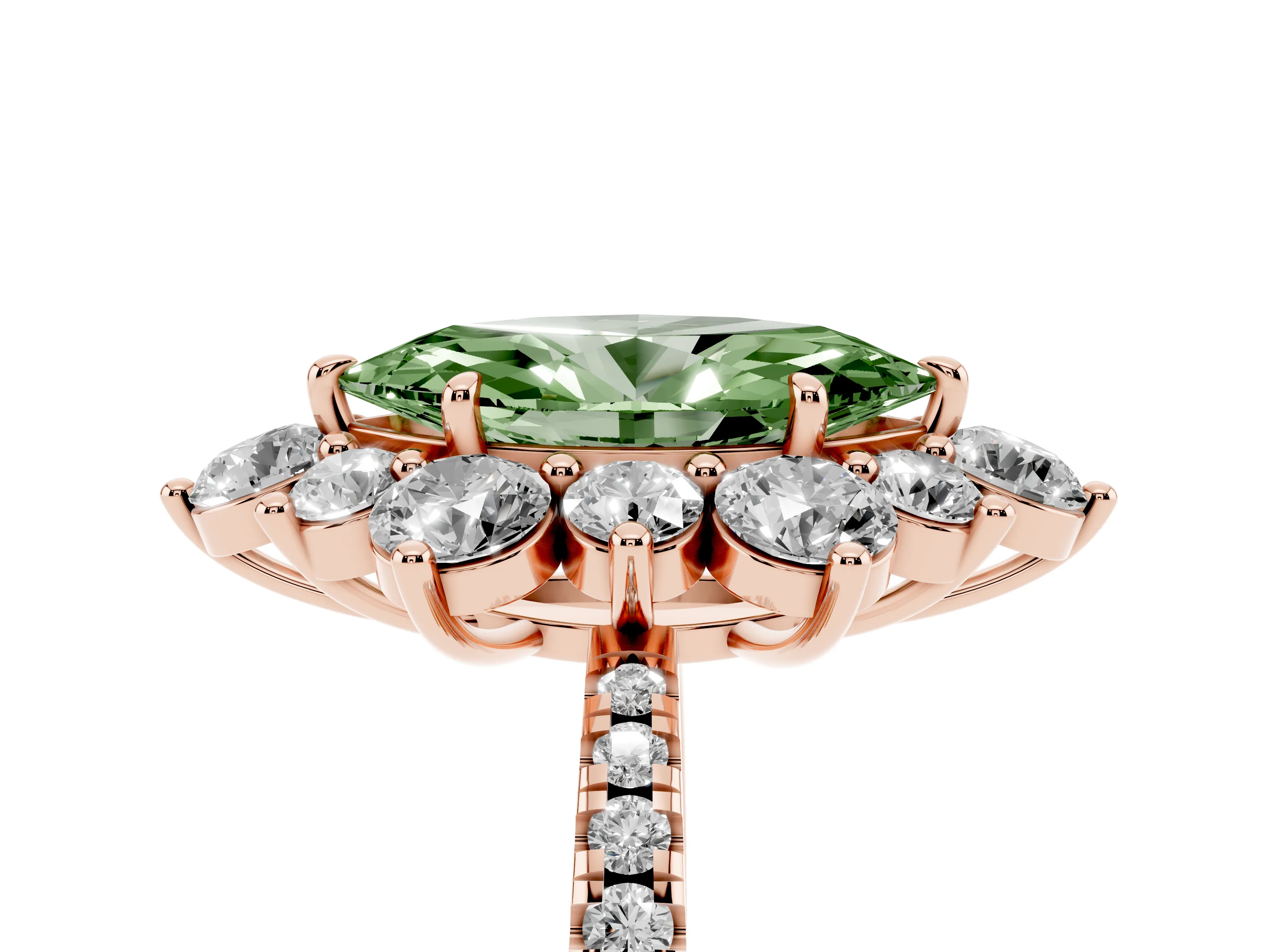Fancy Green Marquise Cut Diamond Floral Halo Ring Set in Rose gold with Round Pavé Band and Prong Setting