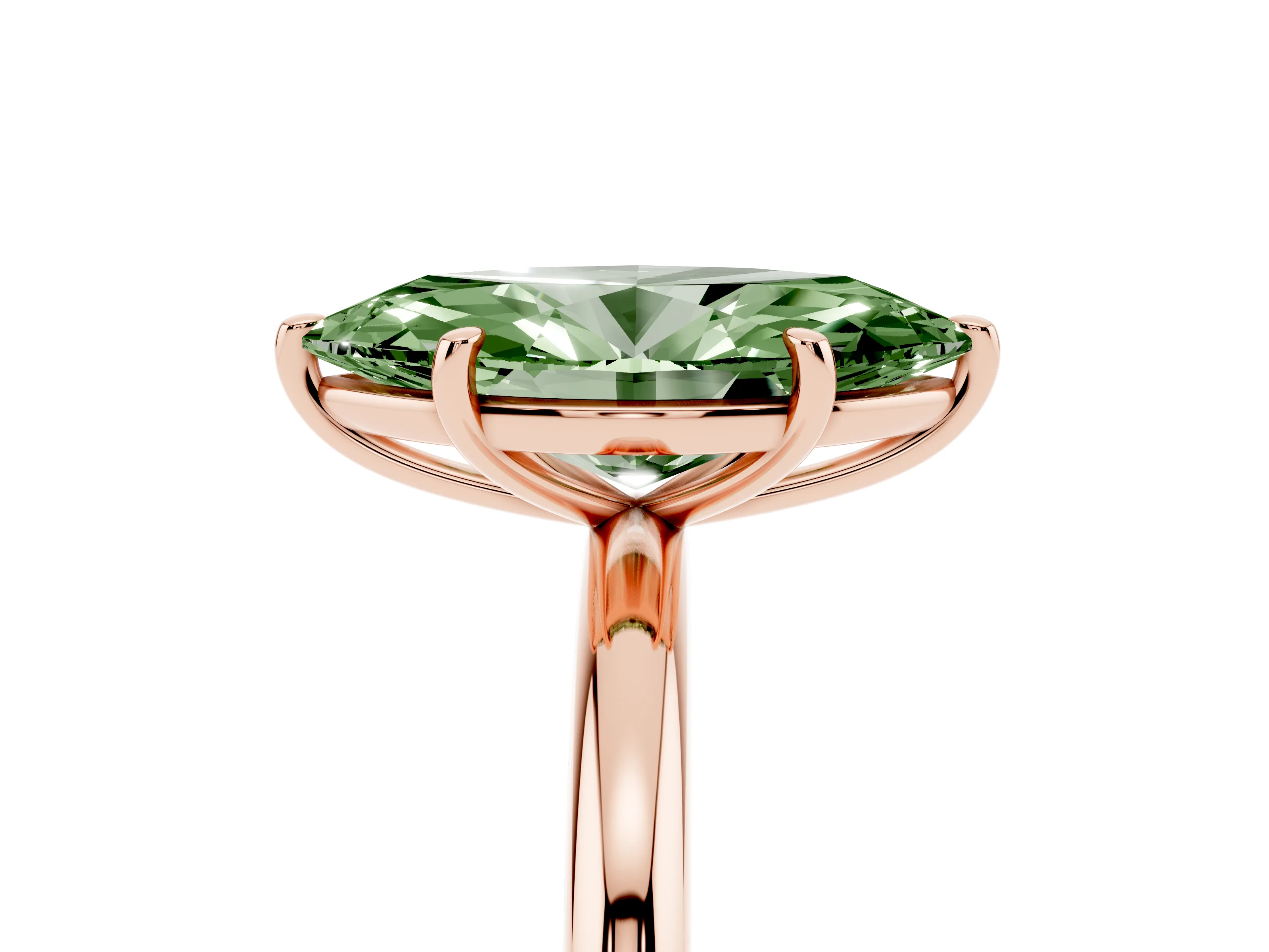 Fancy Green Marquise Cut Diamond Solitaire Ring Set in Rose gold with Prong Setting on a Polished Plain Band