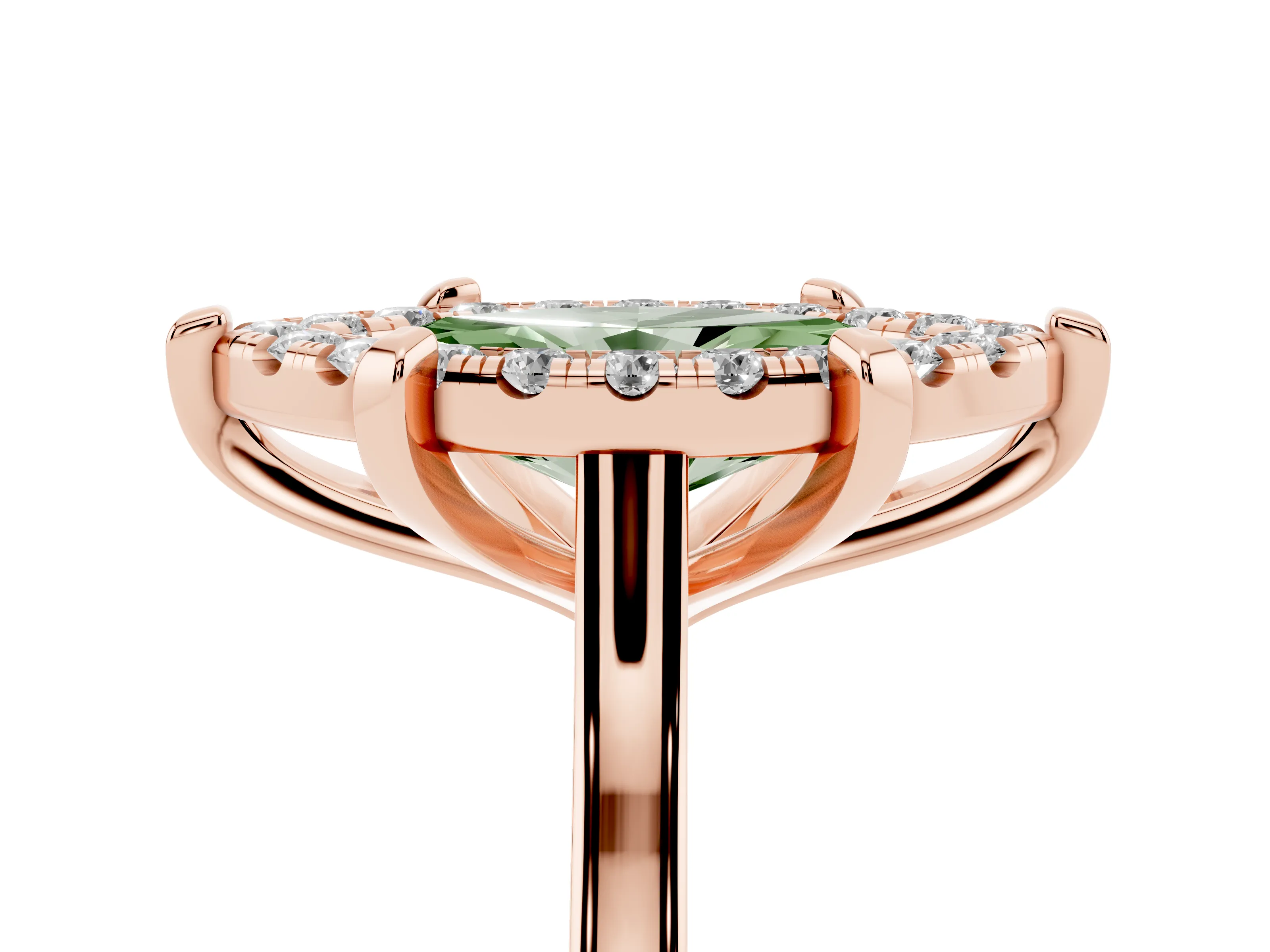 Fancy Green Marquise Cut Diamond Cluster Halo Solitaire Ring Set in Rose gold with Prong Setting