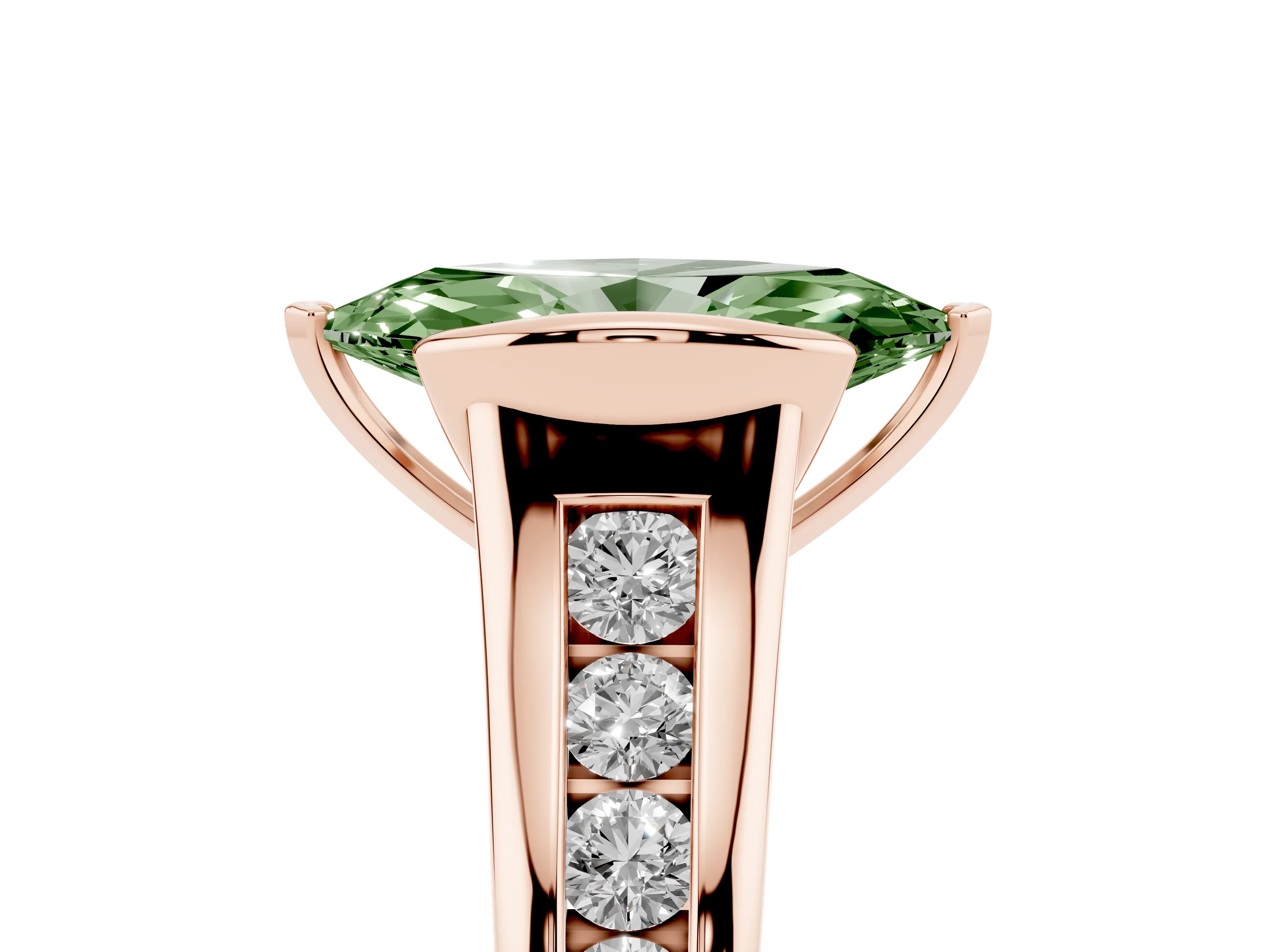 Fancy Green Marquise Cut Diamond Bezel-Set Solitaire Ring Set in Rose gold with Channel-Set Band