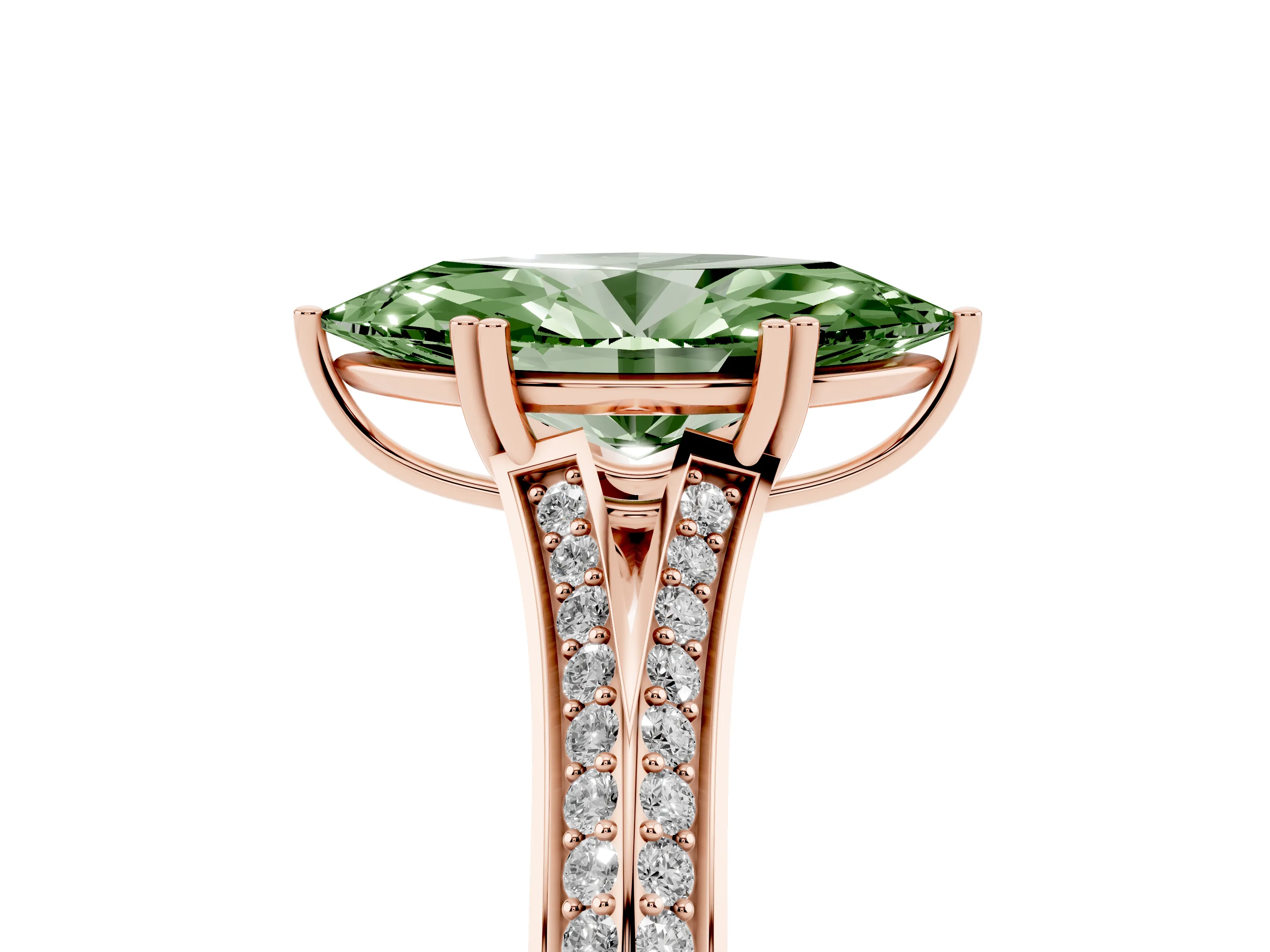 Fancy Green Marquise Cut Diamond Split Shank Pavé Engagement Ring Set in Rose gold with Prong-Set Center Stone