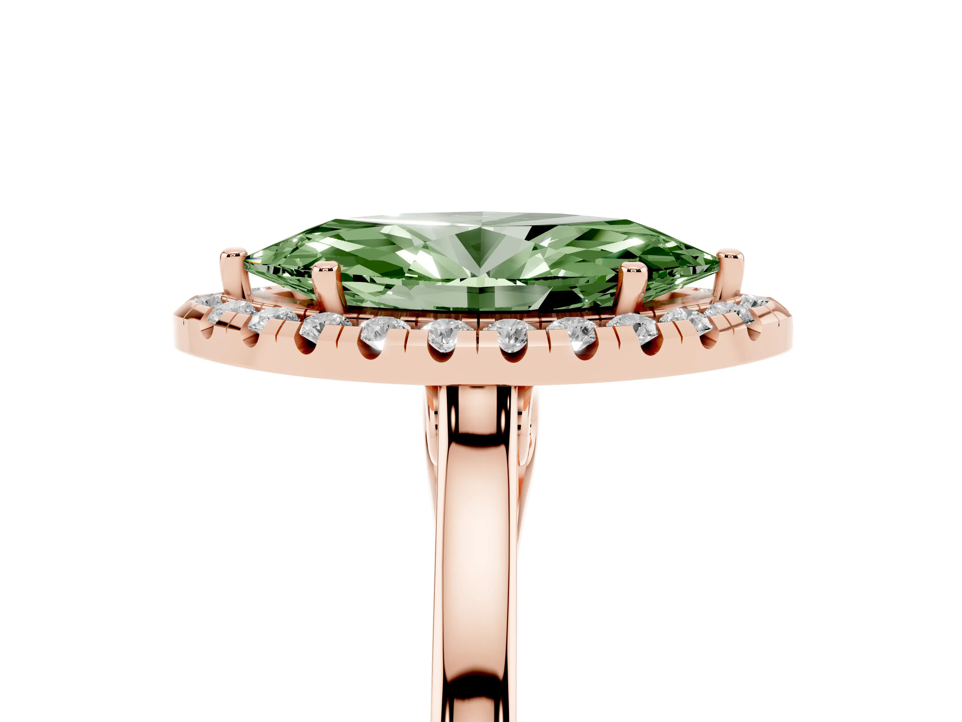 Fancy Green Marquise Cut Halo Round Diamond Solitaire Ring Set in Rose gold with Pavé Band and Prong Setting