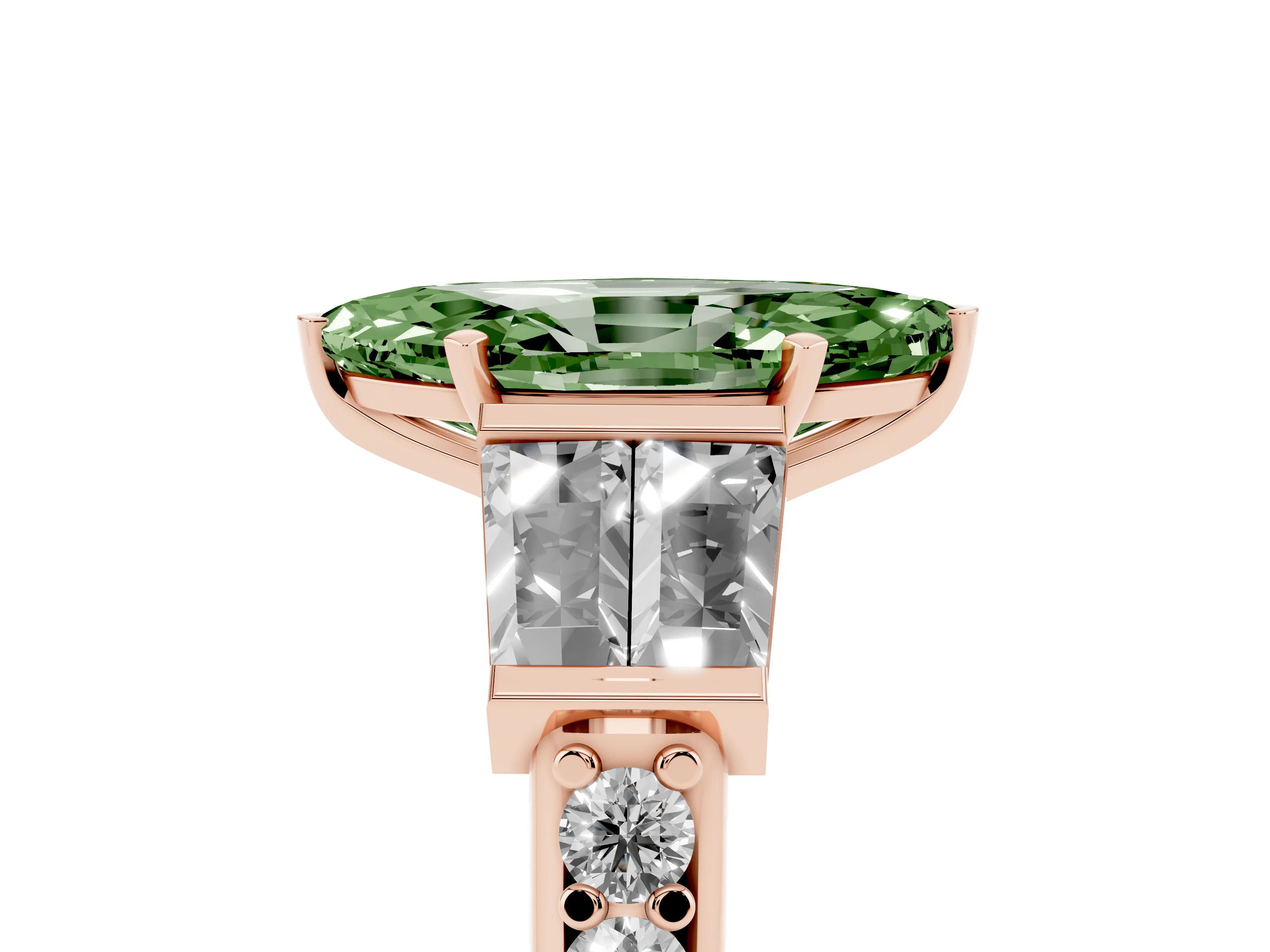 Fancy Green Marquise Cut Diamond Engagement Ring Set in Rose gold with Baguette Side Stones and Channel Set Band