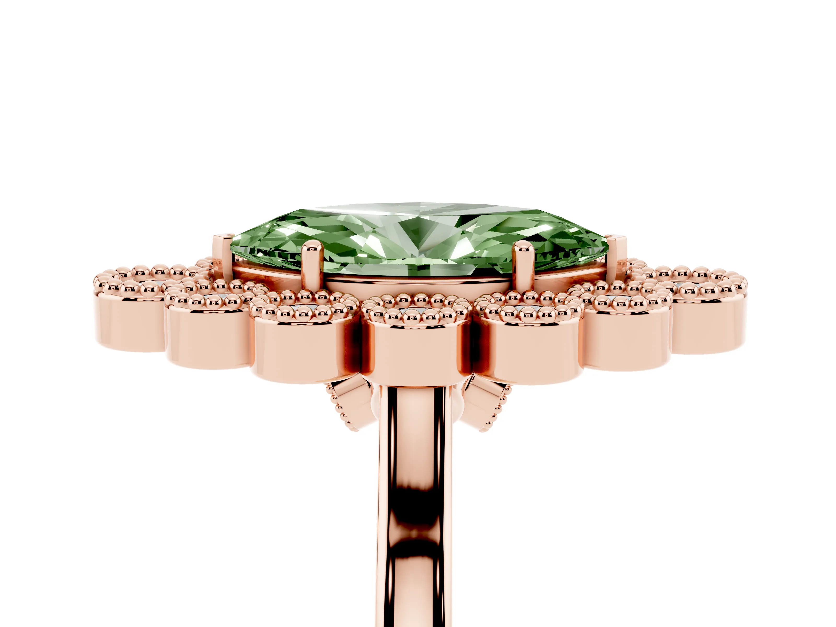 Fancy Green Marquise Cut Diamond Cluster Halo Ring Set in Rose gold with Milgrain Bezel Accents and Plain Band