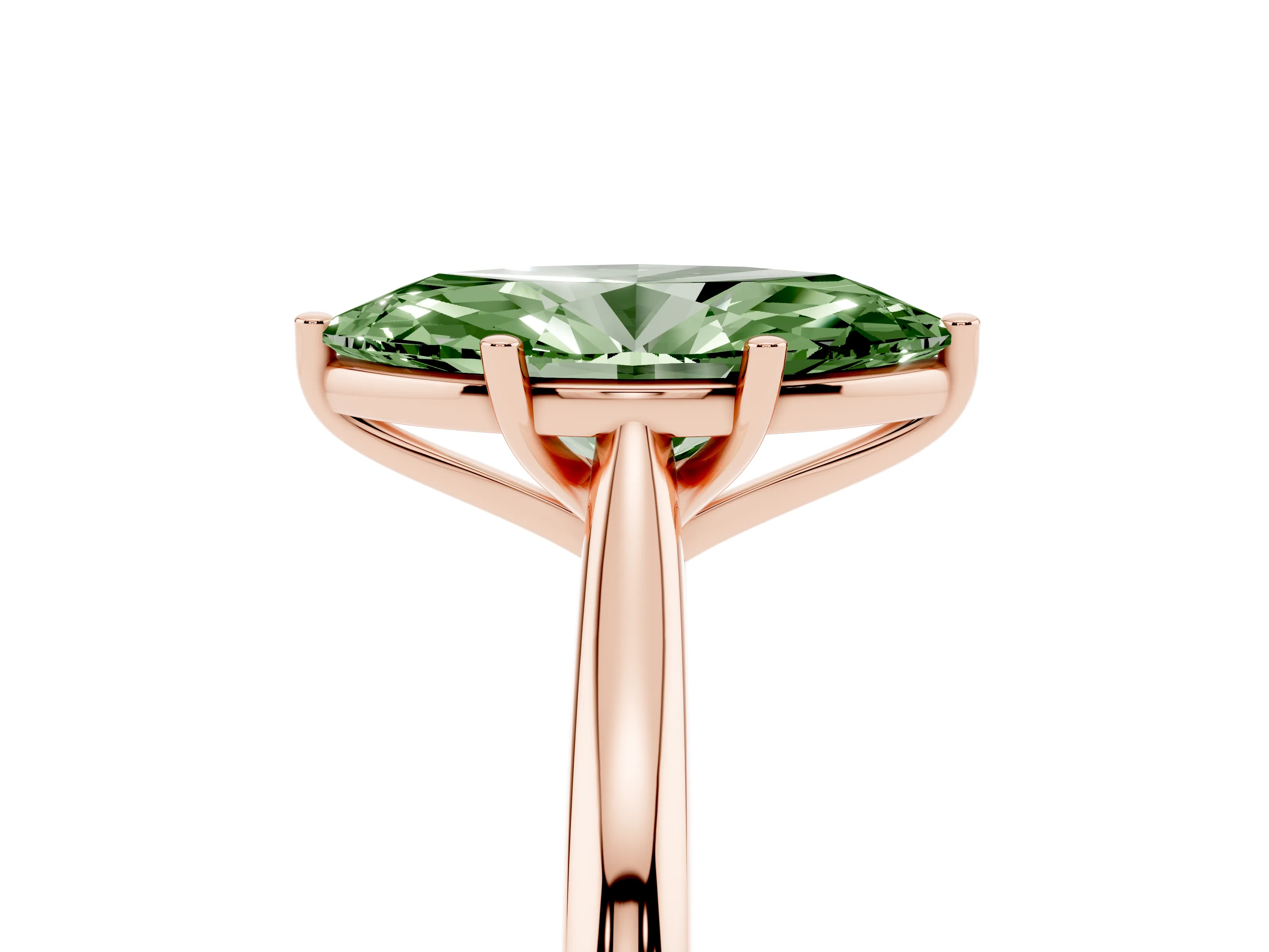 Fancy Green Marquise Cut Diamond Solitaire Ring Set in Rose gold with Cathedral Band and Prong Setting