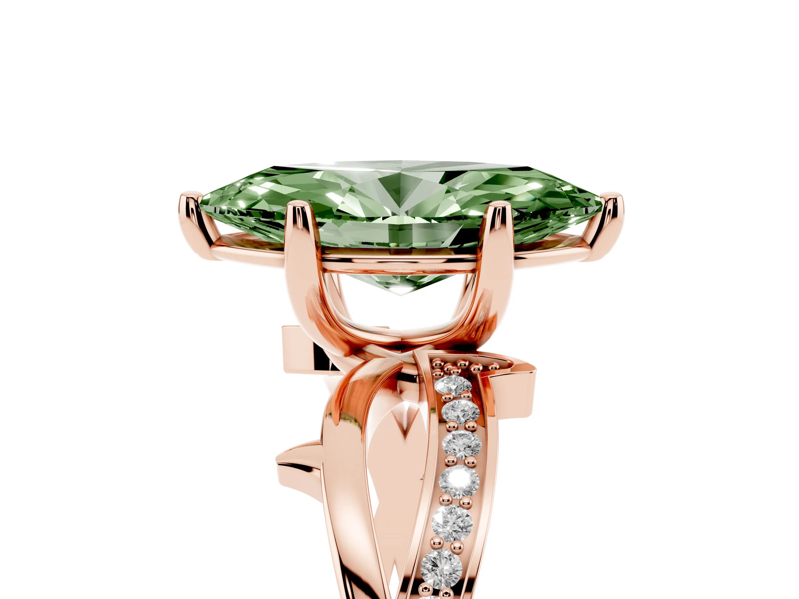 Fancy Green Marquise Cut Diamond Pavé Twist Band Solitaire Ring Set in Rose gold with Prong Setting