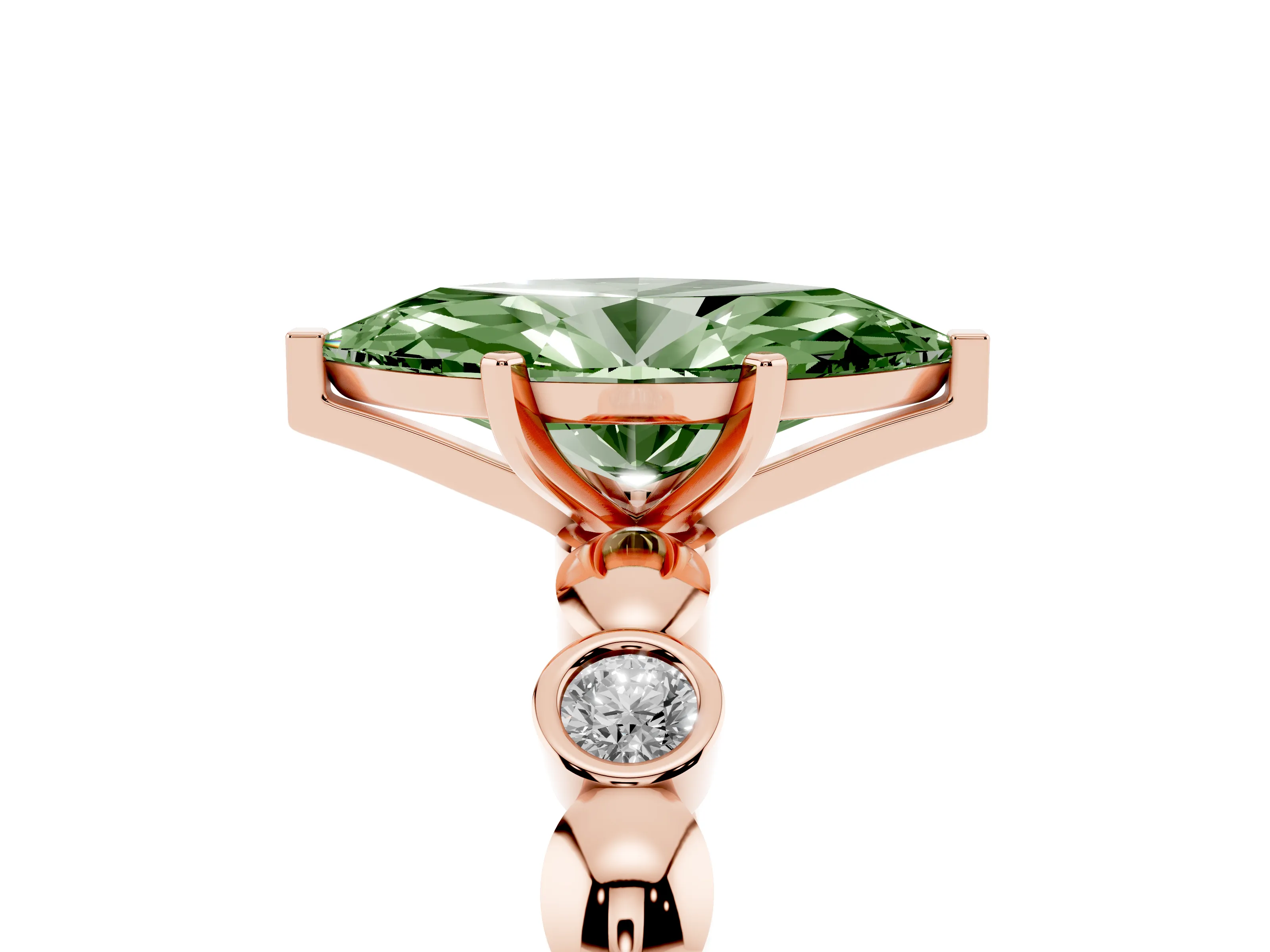 Fancy Green Marquise Cut Diamond Solitaire Ring Set in Rose gold with Bezel-Set Accents on Beaded Band and Prong Setting